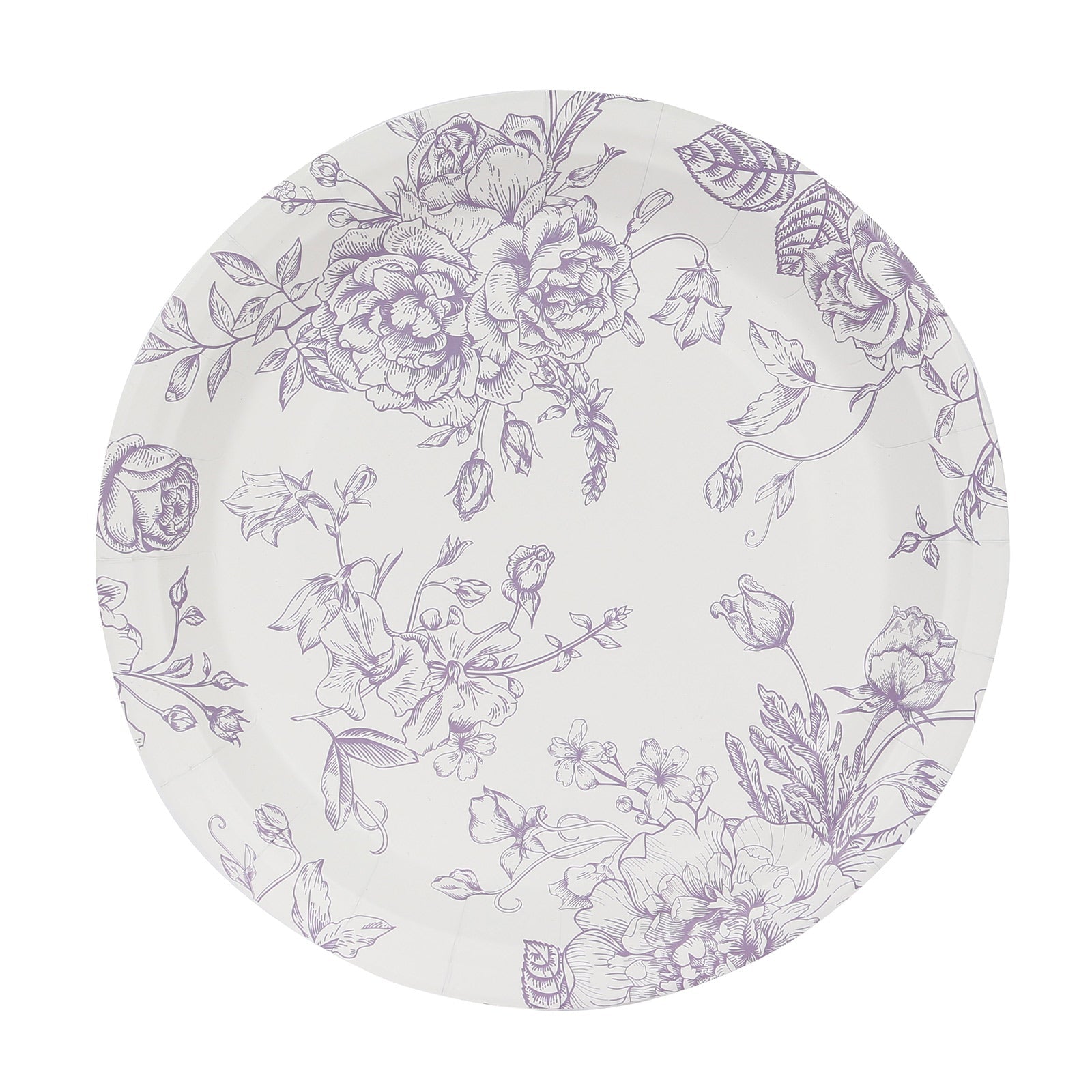 25-Pack Paper 9 Round Dinner Plates in White with Matte Lavender French Toile Pattern - Disposable Floral Party Plates