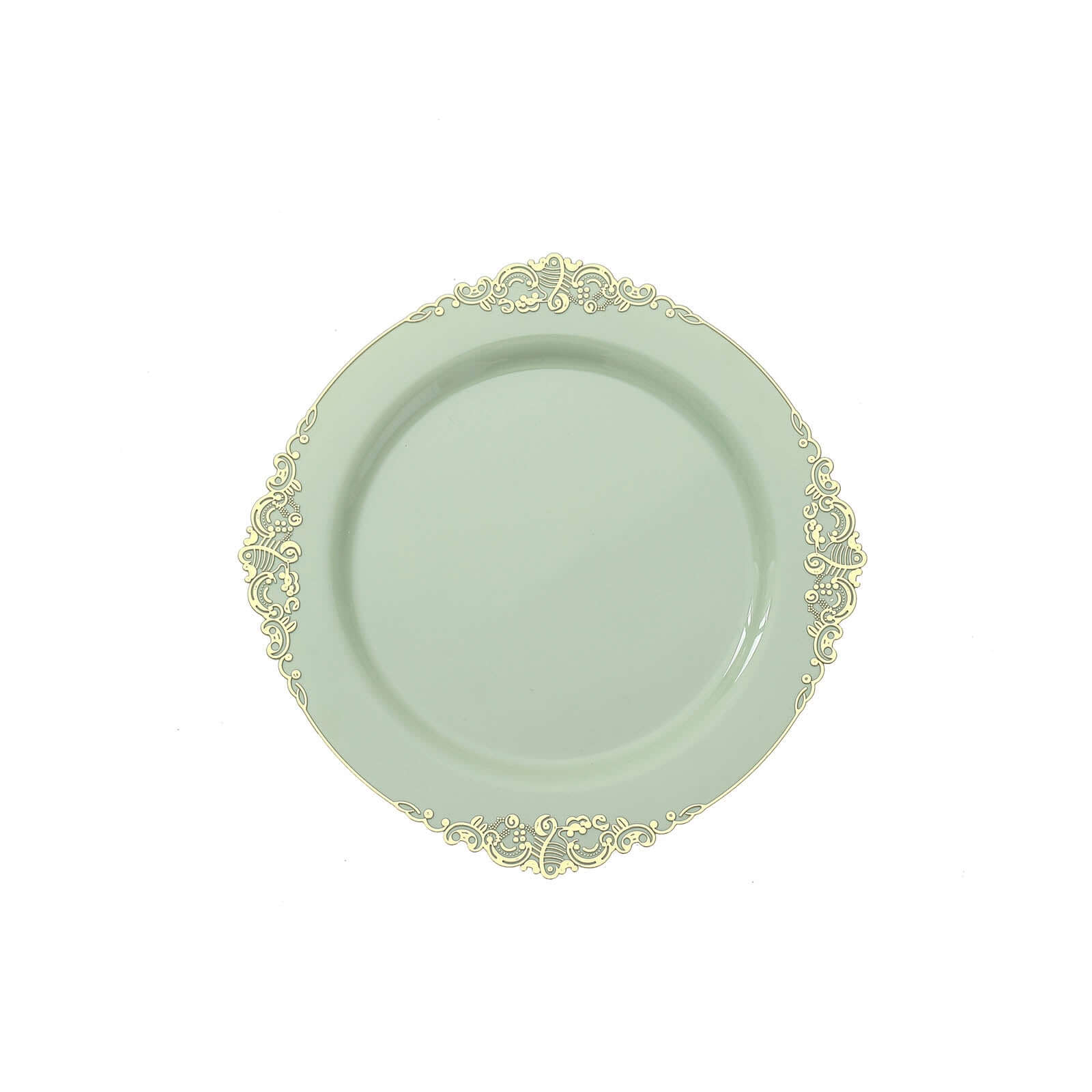 10-Pack Plastic 8 Round Dessert Plates in Sage Green with Gold Leaf Embossed Rim - Disposable Vintage Baroque Style Salad Plates