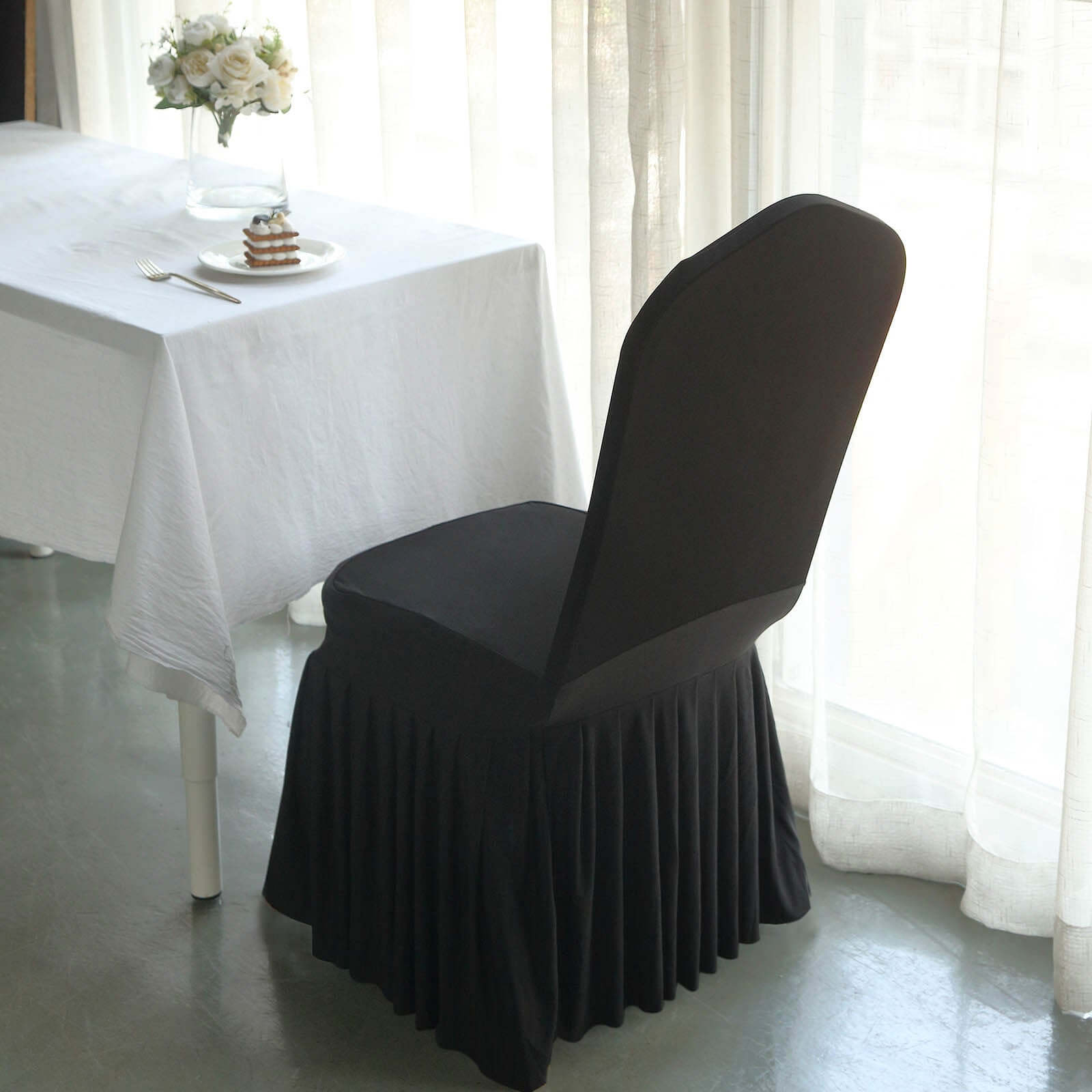 Spandex Chair Cover with Ruffle Pleated Skirt for Banquet Chairs Black - 1-Piece Stretch Fitted Slipcover