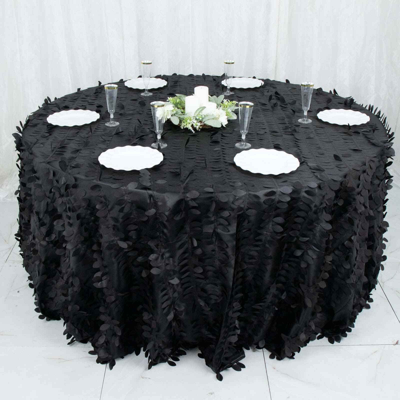 Taffeta 132 Round Tablecloth Black 3D | 3D Leaf Petal Design Seamless Table Cover