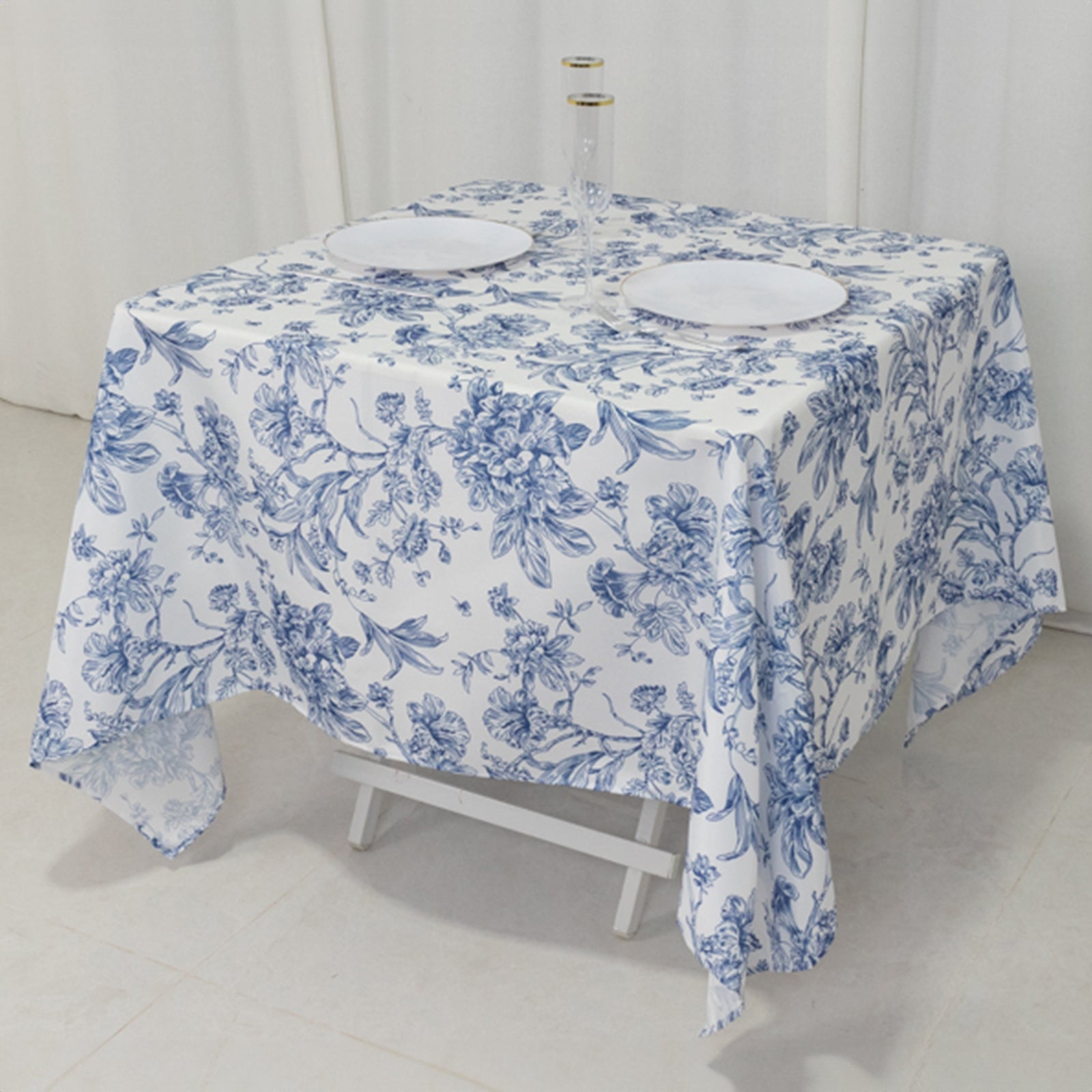 Polyester 70x70 Square Tablecloth White - Blue French Toile Pattern for Sophisticated Settings