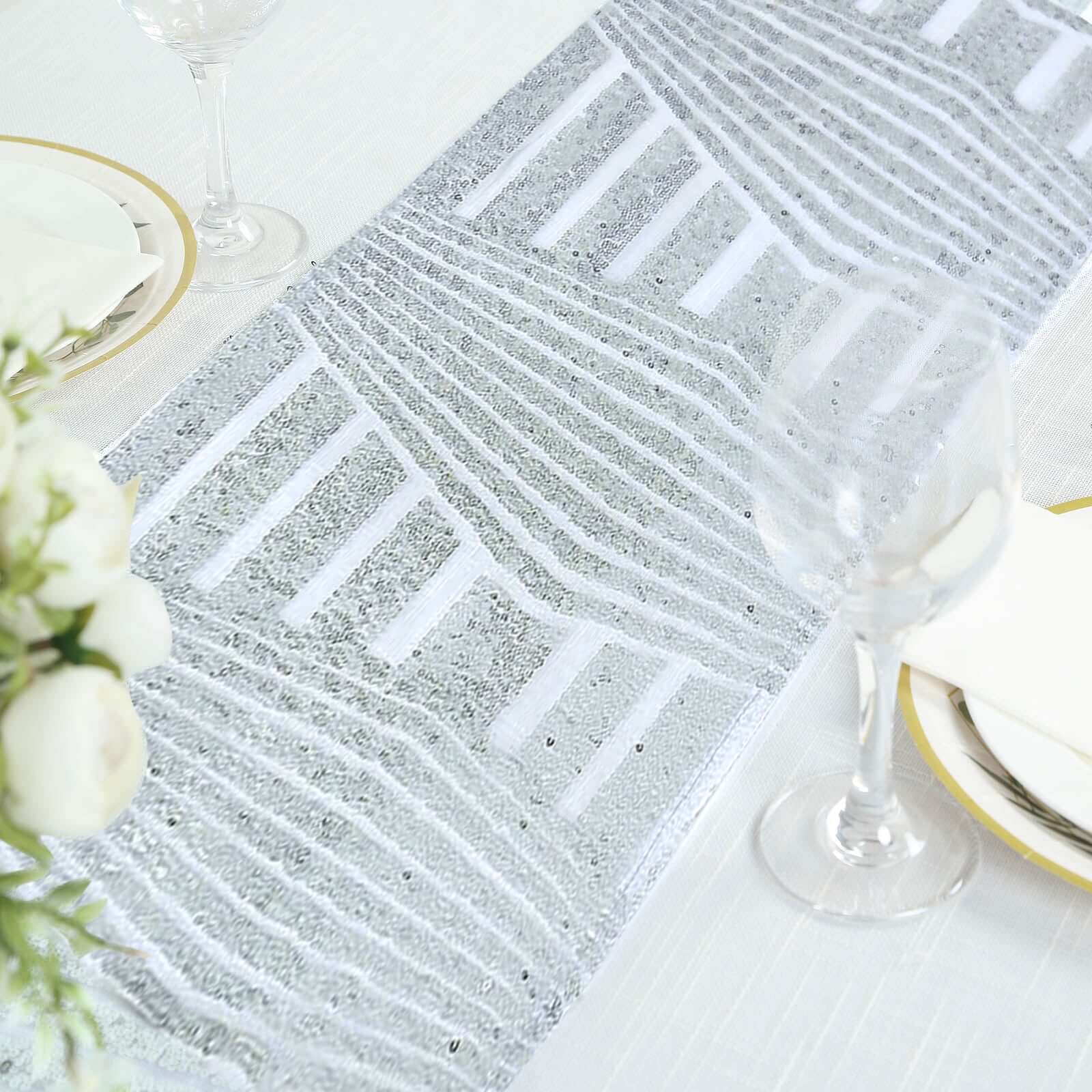 Sequin 12x108 Table Runner Silver - Diamond Glitz Design