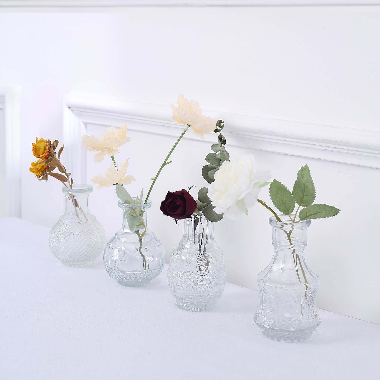 Set of 4 Clear Glass Bud Vases Antique - Vintage Wedding Table Centerpieces for Flowers