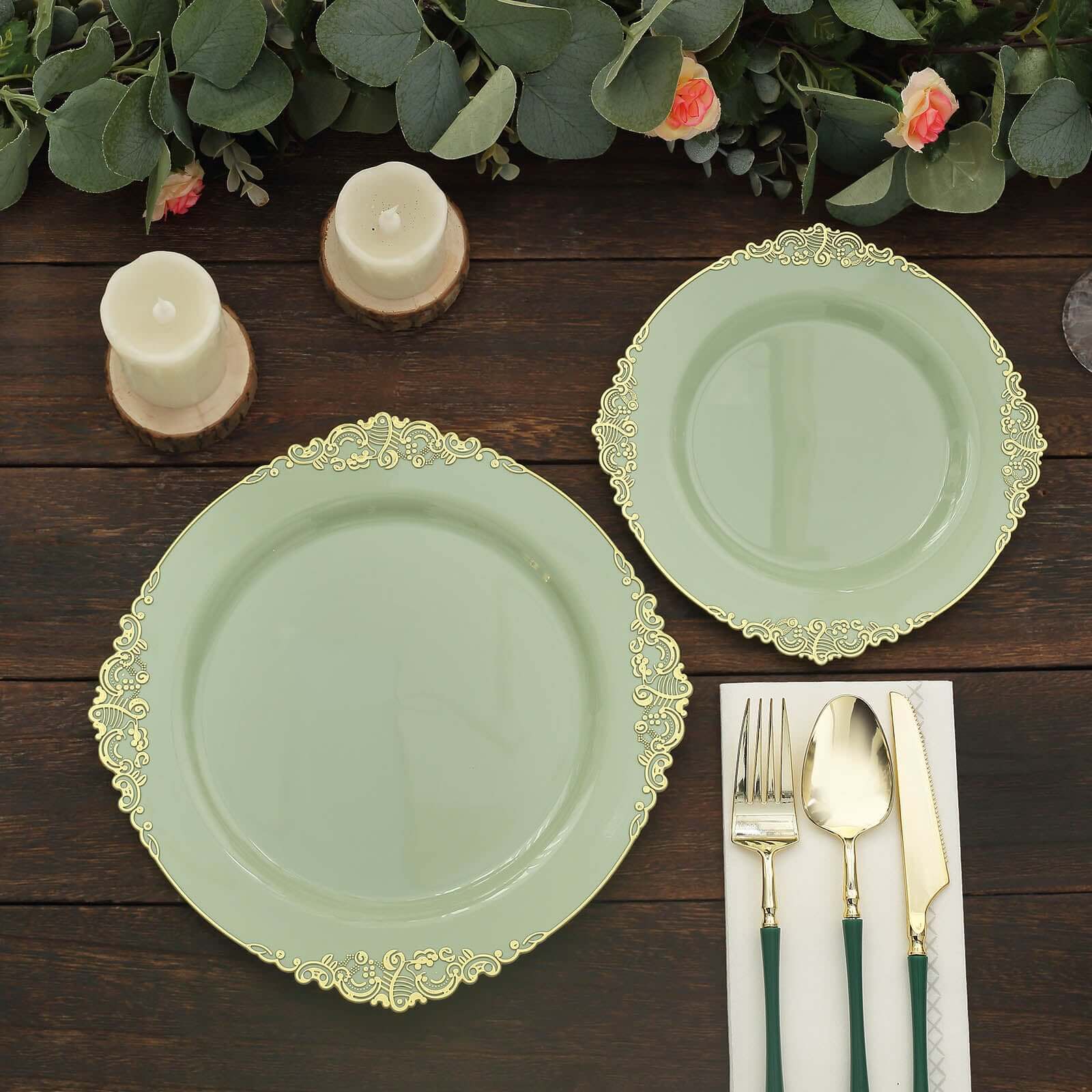 10-Pack Plastic 10 Round Dinner Plates in Sage Green with Gold Leaf Embossed Rim - Disposable Vintage Baroque Style Plates