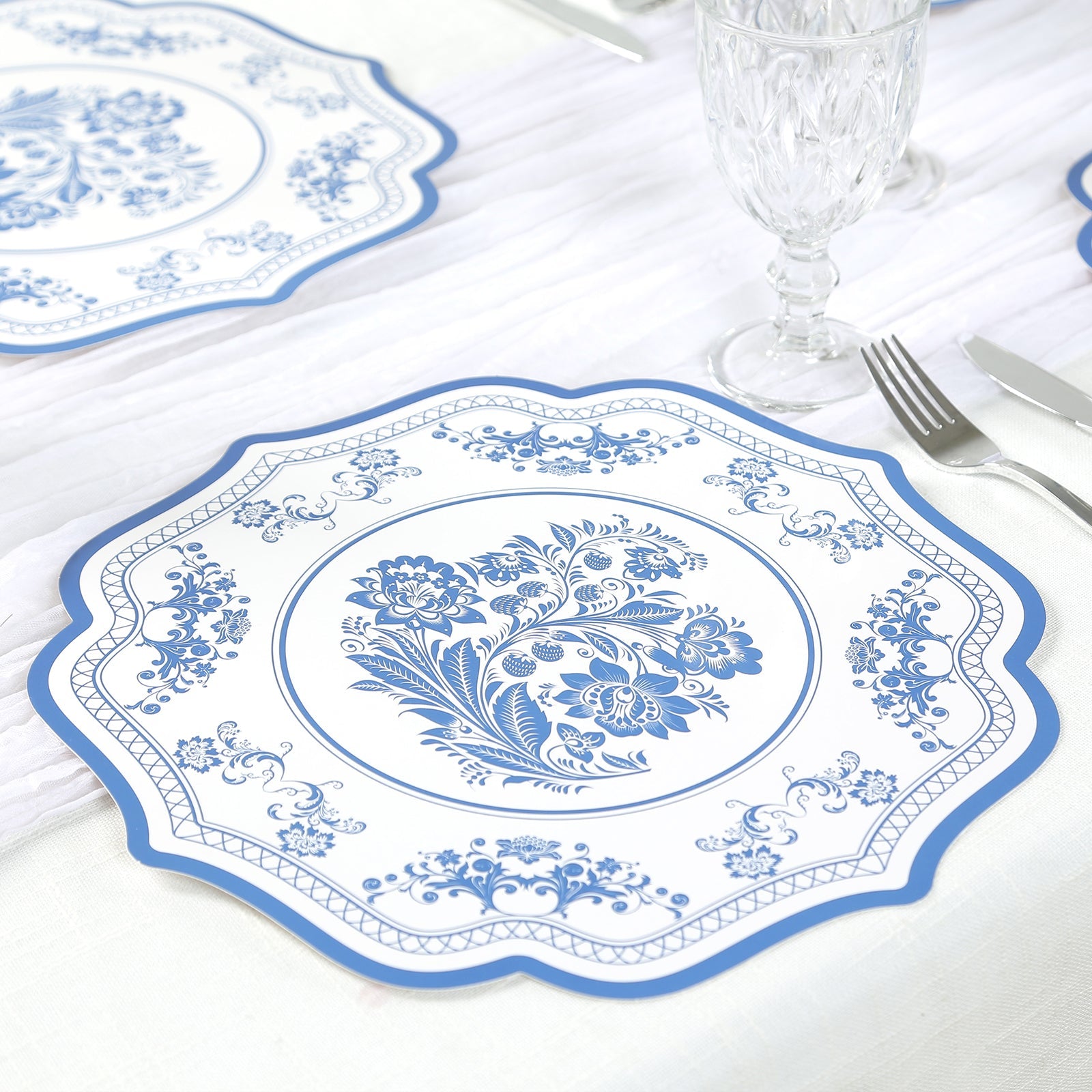 10-Pack Disposable Table Placemats 13 Round Placemats in White with Blue French Toile Pattern & Scalloped Rim - 400GSM Cardboard Placemats for Stylish Table Setting