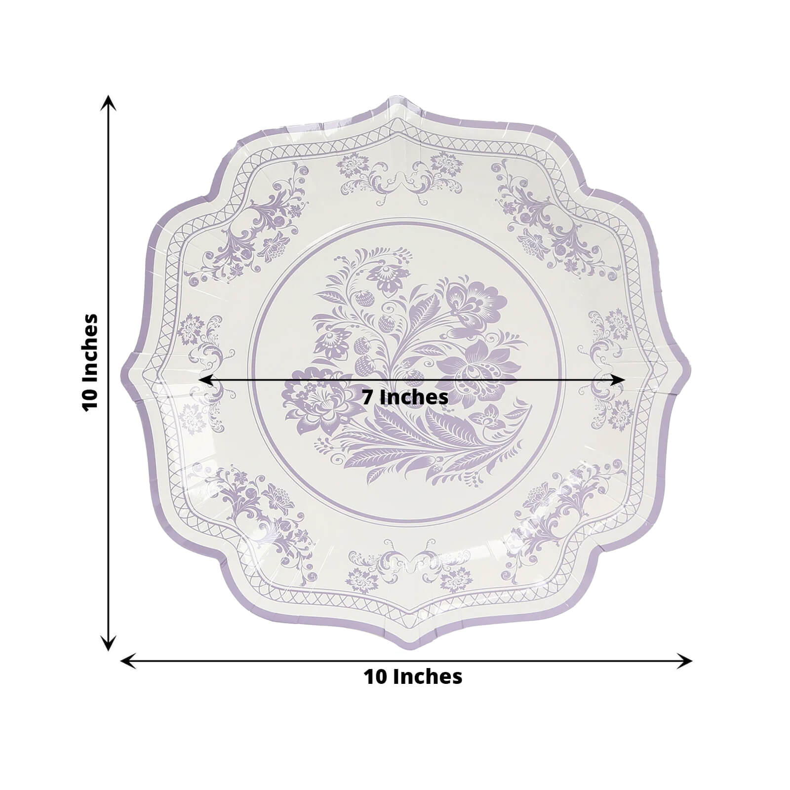 25-Pack Paper Dinner Plates in White with Lavender Lilac French Toile Print & Scallop Rim - Stylish Disposable 300GSM Floral Party Plates 10