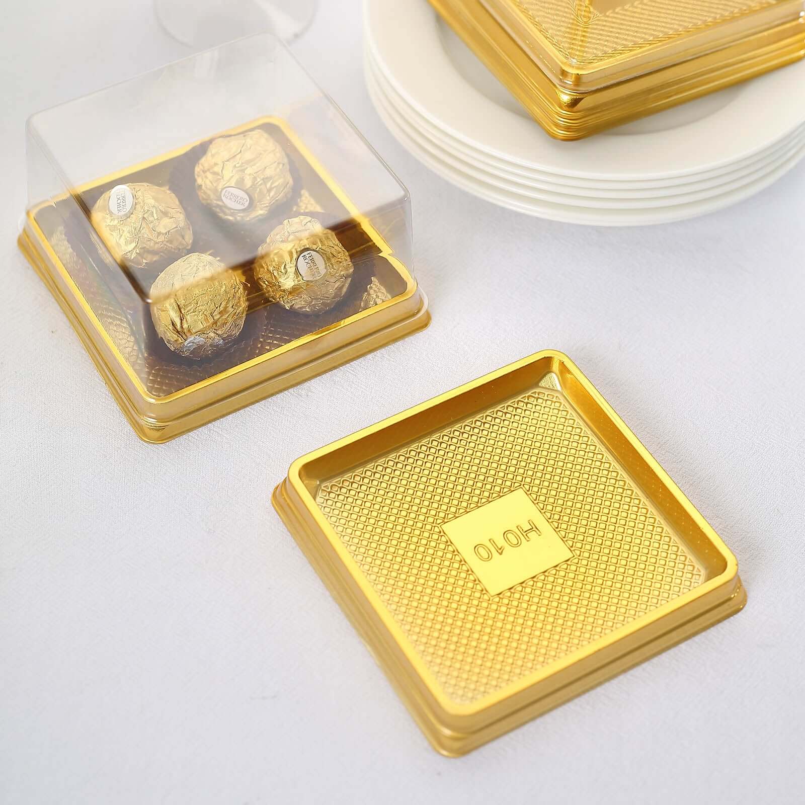 50 Pack Clear Gold Square Mini Plastic Cupcake Party Favor Boxes, Muffin Dessert Containers - 4x4x2.5