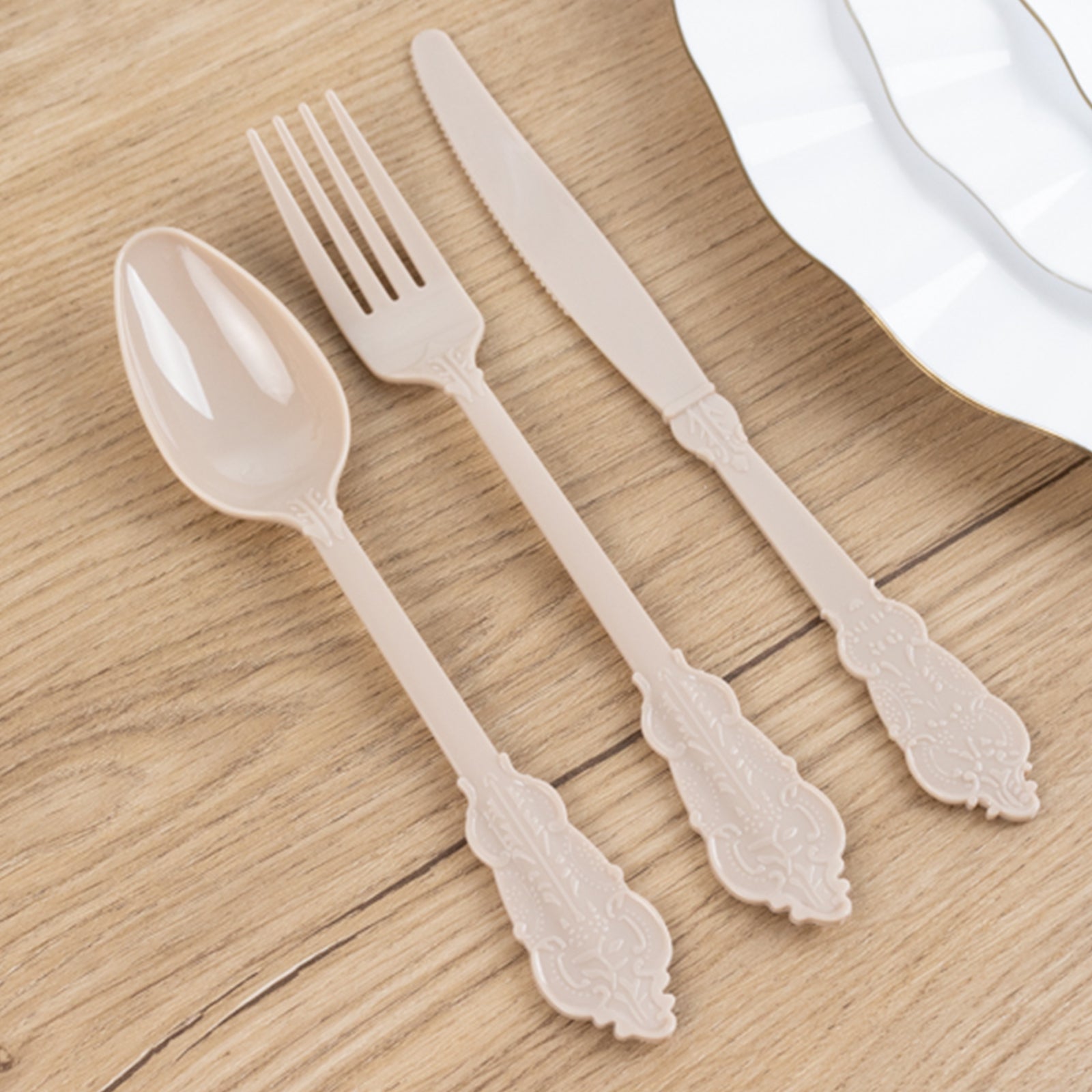 72 Pcs Plastic Silverware Set in Baroque Style Taupe - Heavy Duty Disposable Knife, Fork, and Spoon Set