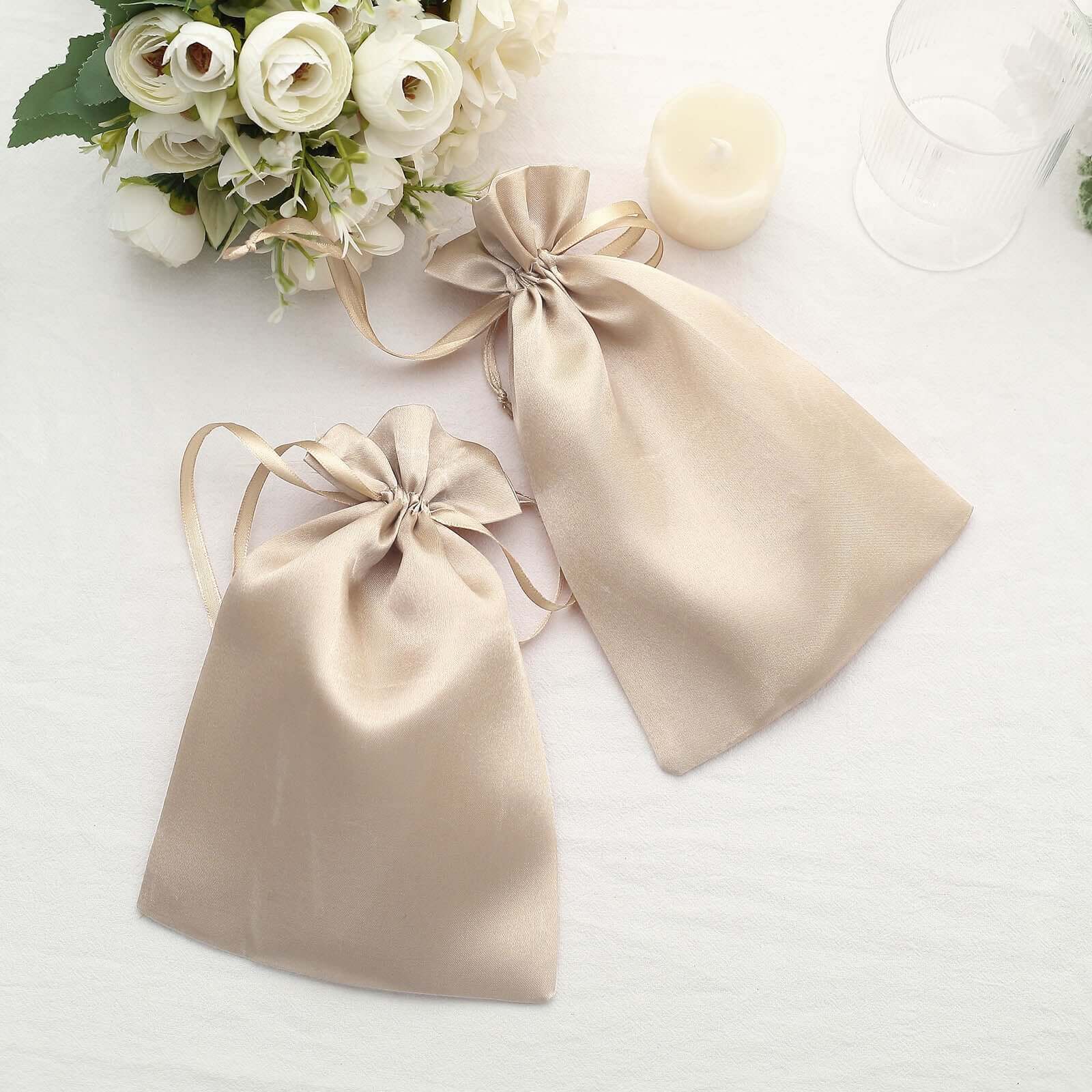 12 Pack 6x9 Beige Satin Drawstring Wedding Party Favor Gift Bags