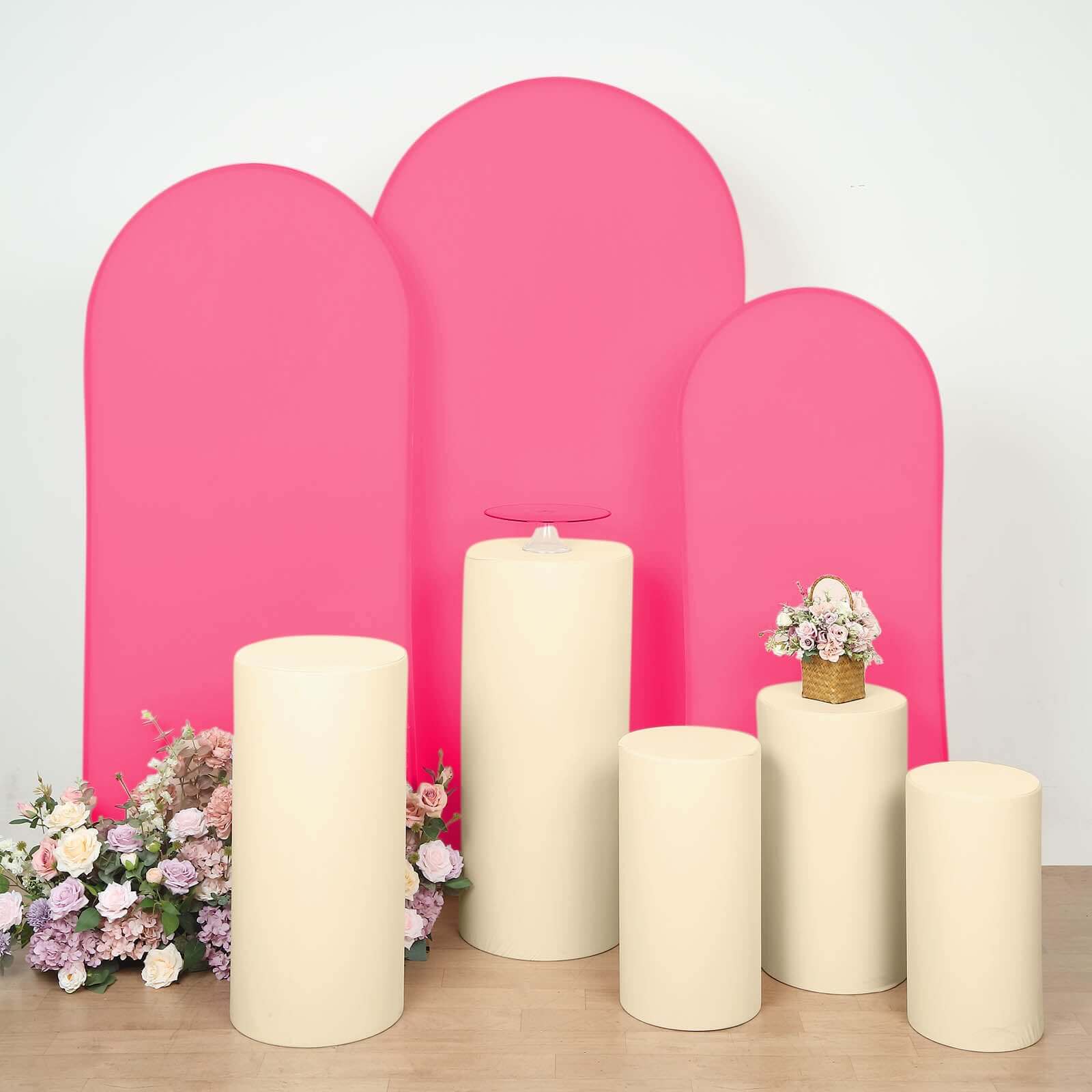 Set of 5 Beige Spandex Cylinder Pedestal Stand Covers, Stretchable Pillar Prop Covers - 160 GSM