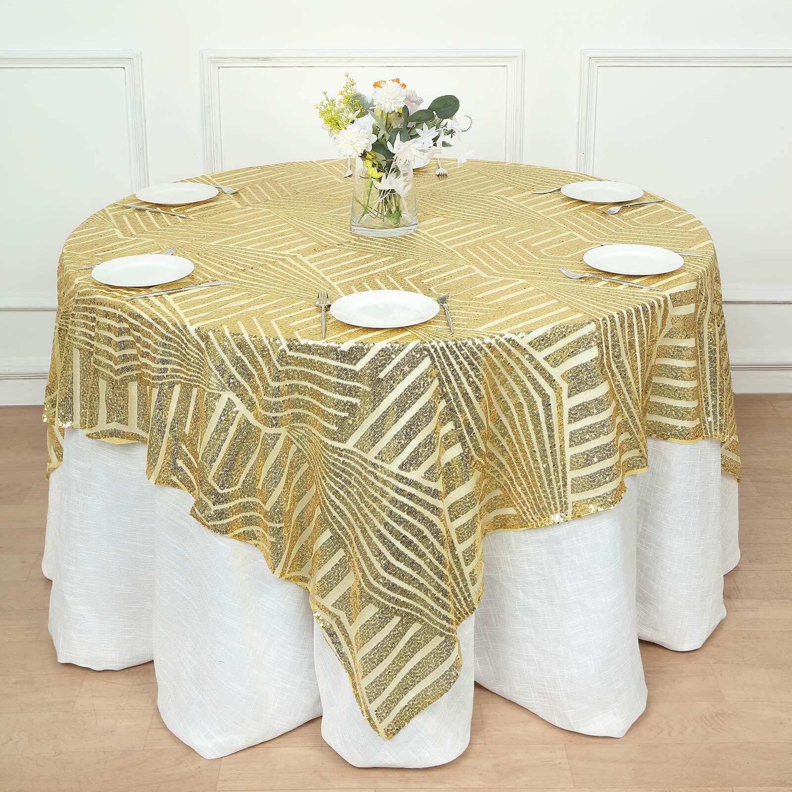 Sequin 72 Table Overlay Square Tablecloth Gold with Diamond Glitz Design - Perfect for Luxe Events