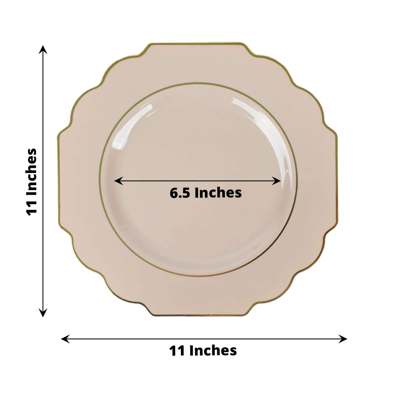 10-Pack Plastic Dinner Plates in Taupe Baroque Design with Scalloped Gold Rim - Heavy Duty Disposable Party Plates 11