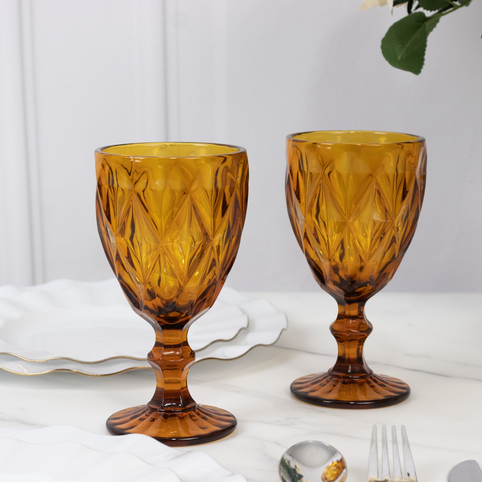 6-Pack Wine Glasses Amber Gold Embossed Crystal Cut Design Stemmed - Transparent Colored Goblets for Parties & Events 12oz 7