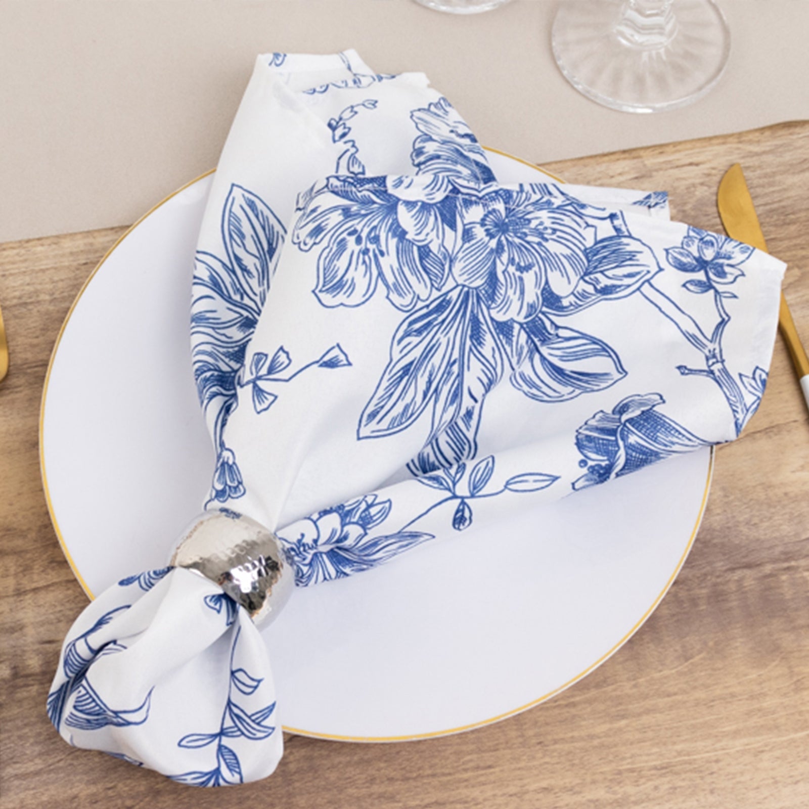 5 Pack Polyester 20x20 Dinner Napkins White with Blue French Toile Pattern - Reusable Floral Cloth Napkins