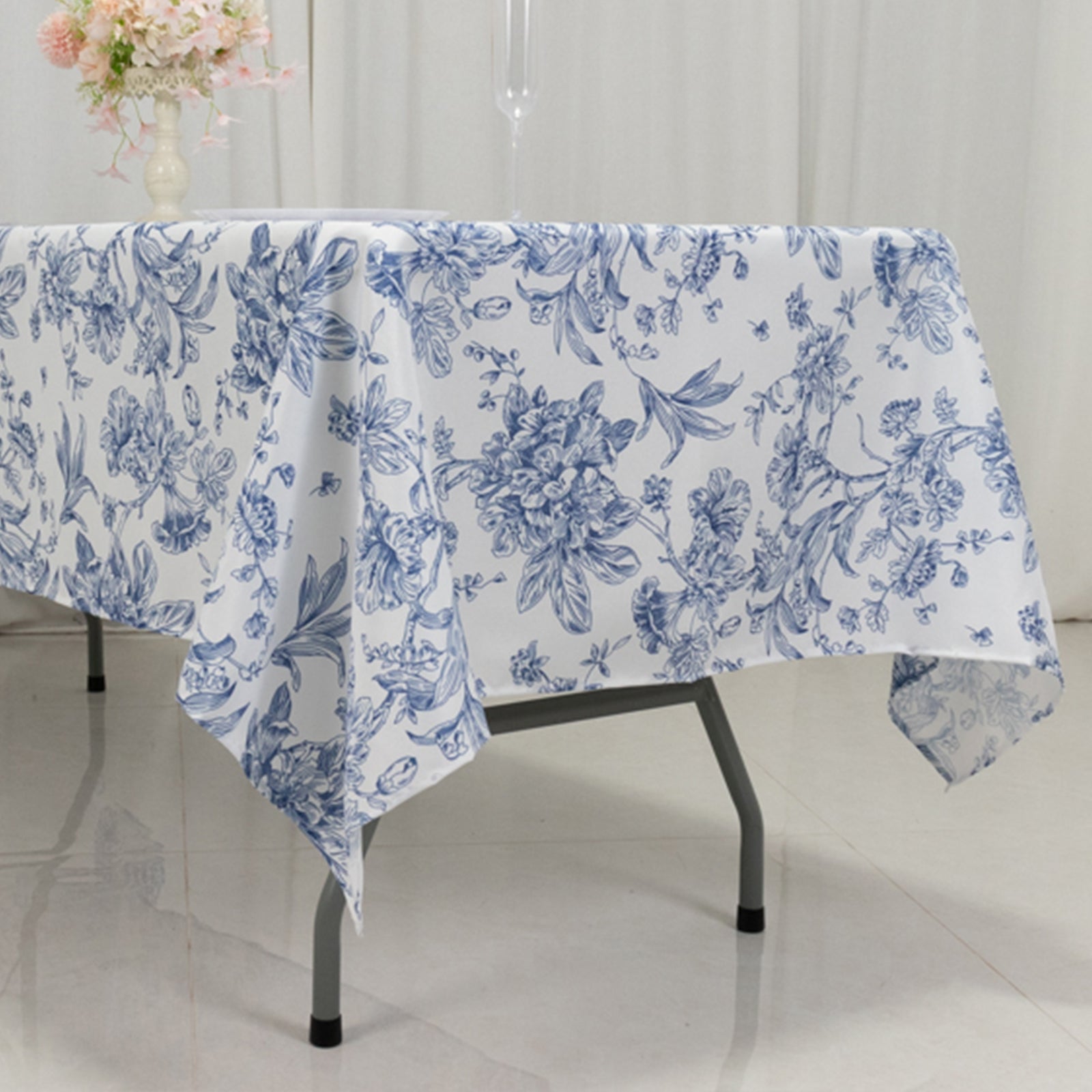 Polyester 60x102 Rectangle Tablecloth White - Blue French Toile Pattern for Elegant Gatherings