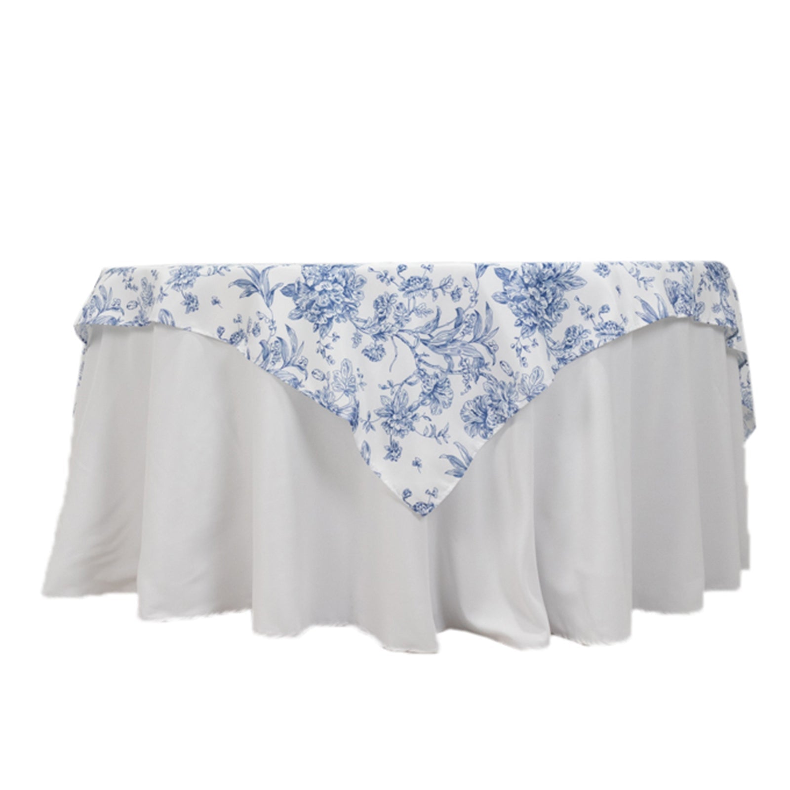 Polyester 70x70 Table Overlay White - Blue French Toile Pattern for Stylish Events