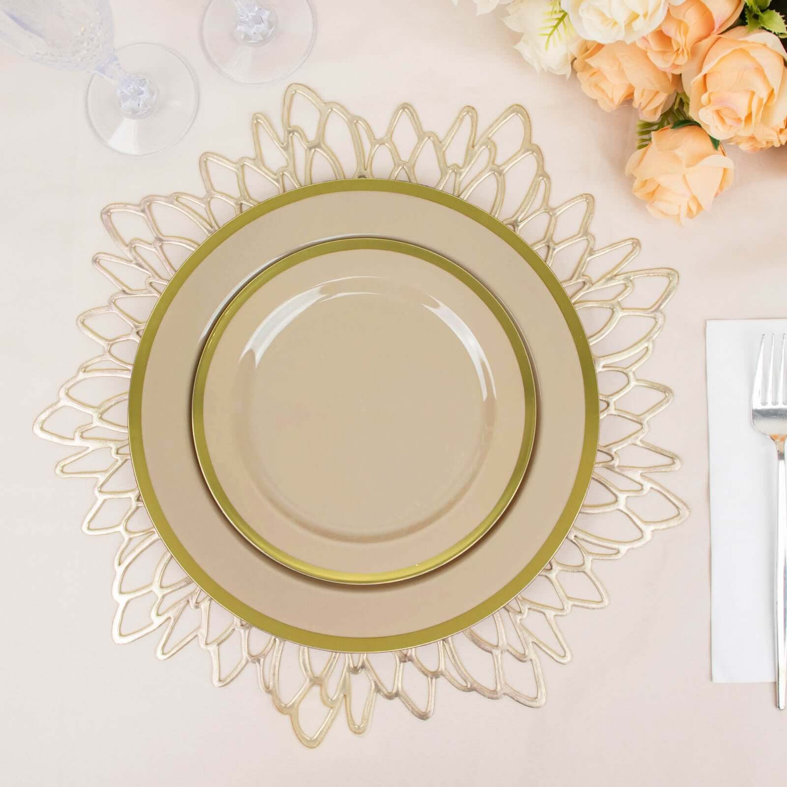 10-Pack Plastic 7 Round Appetizer Plates in Taupe with Gold Rim - Sleek Disposable Salad Plates for Banquets & Special Occasions