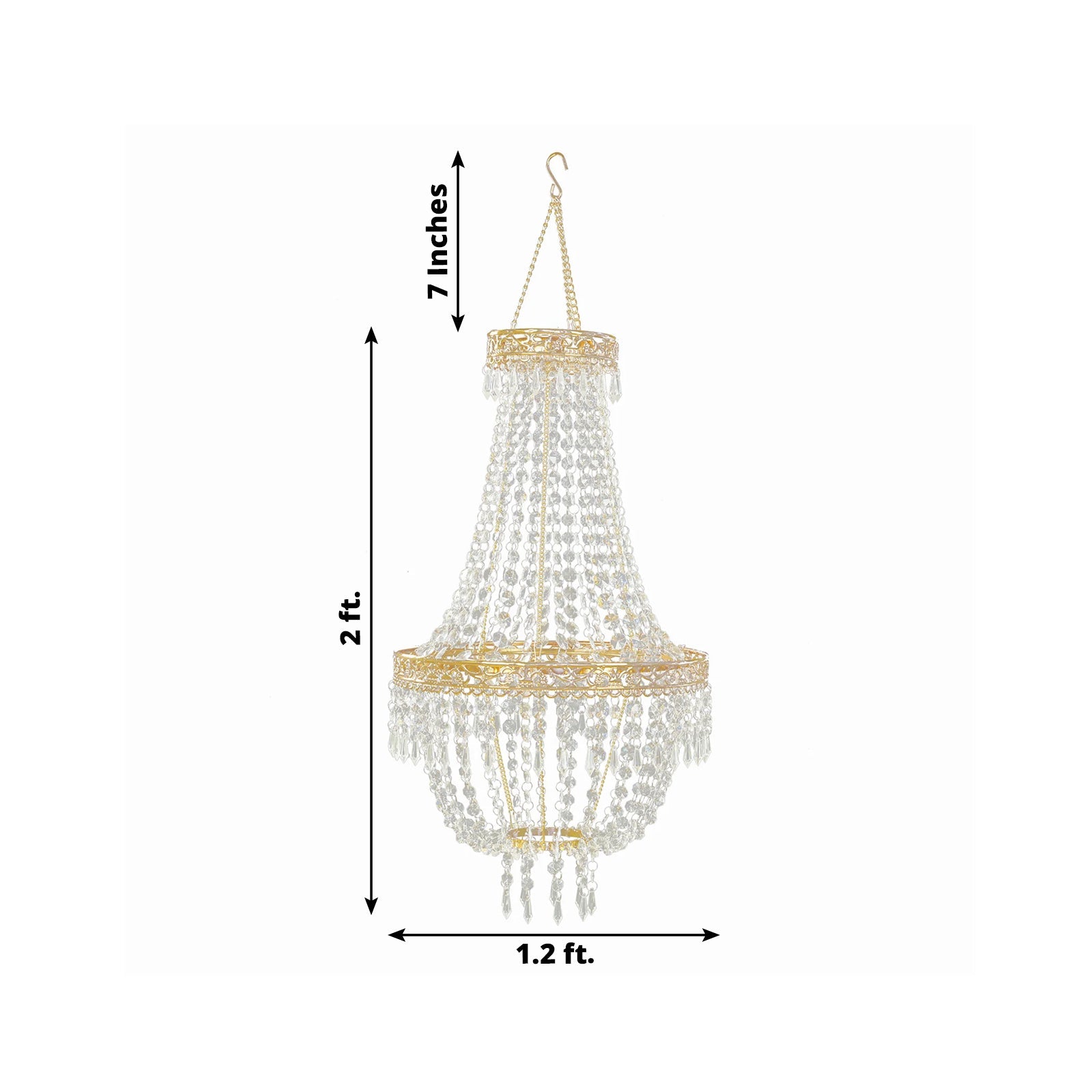 2ft Empire Style Beaded Crystal Chandelier with Gold Ornate Metal Frame, Adjustable Hanging Farmhouse Pendant Ceiling Lighting