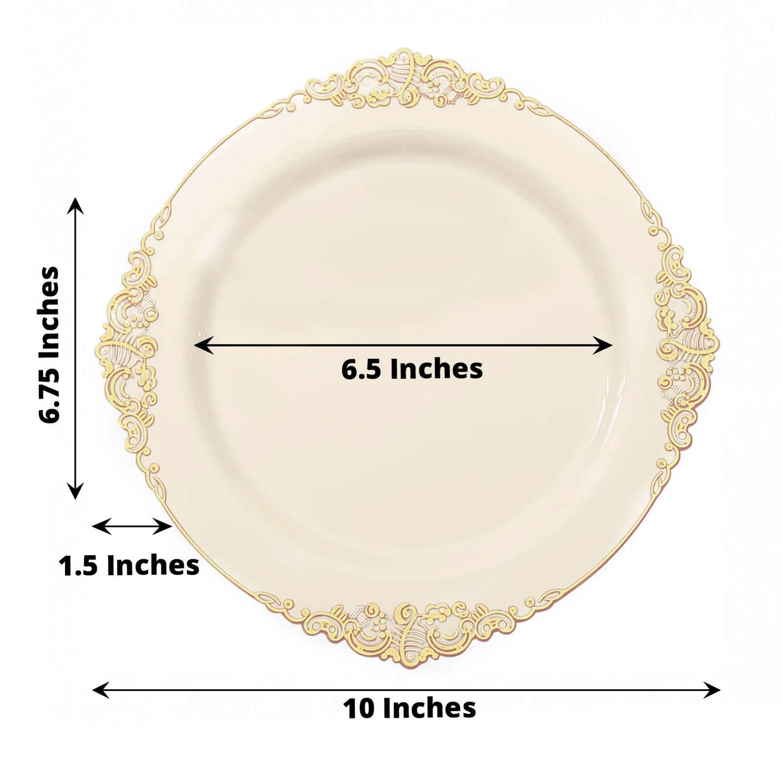 10-Pack Plastic 10 Round Dinner Plates in Ivory with Gold Leaf Embossed Rim - Disposable Vintage Baroque Style Plates