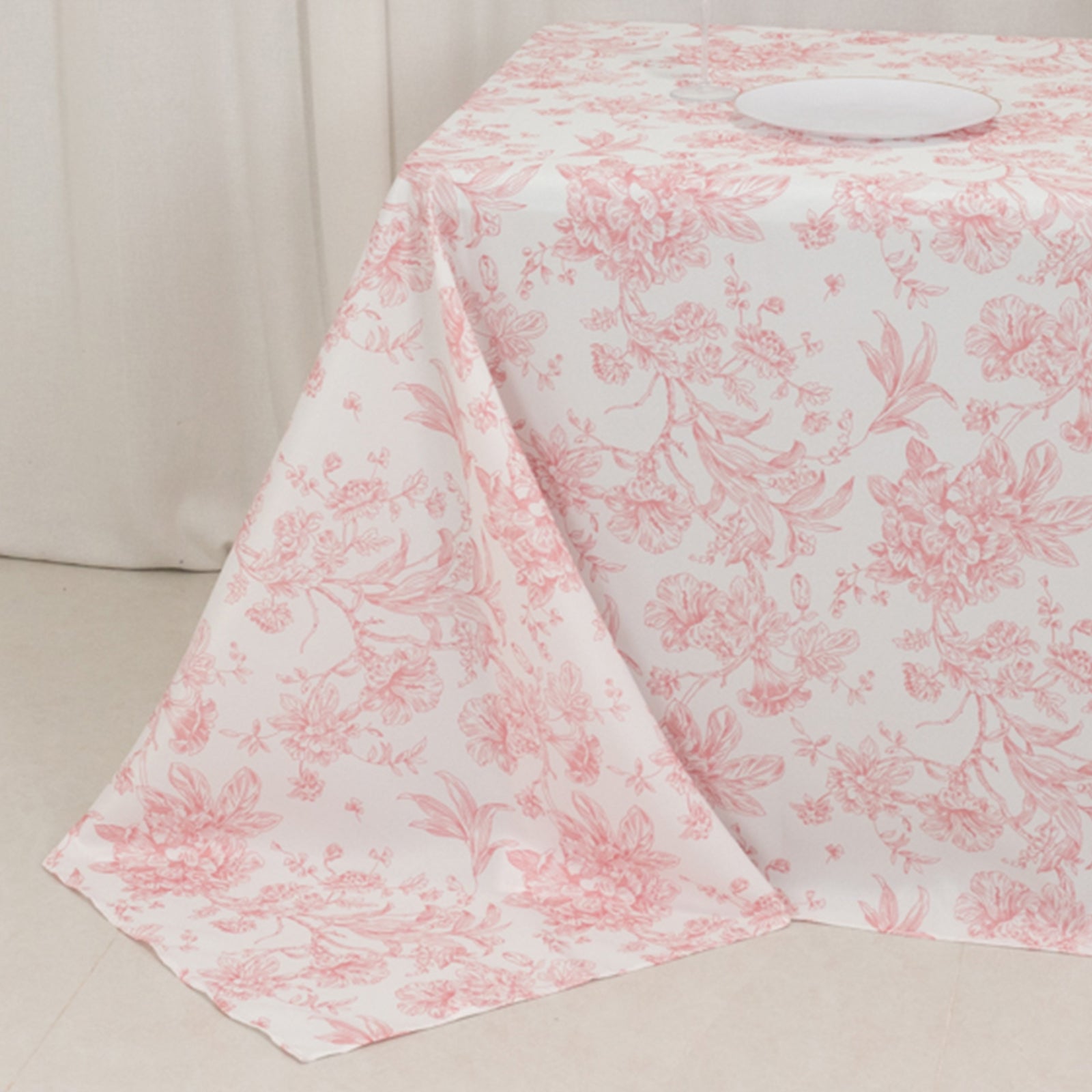 Polyester 90x132 Rectangle Tablecloth White - Seamless Pink French Toile Pattern for Formal Celebrations