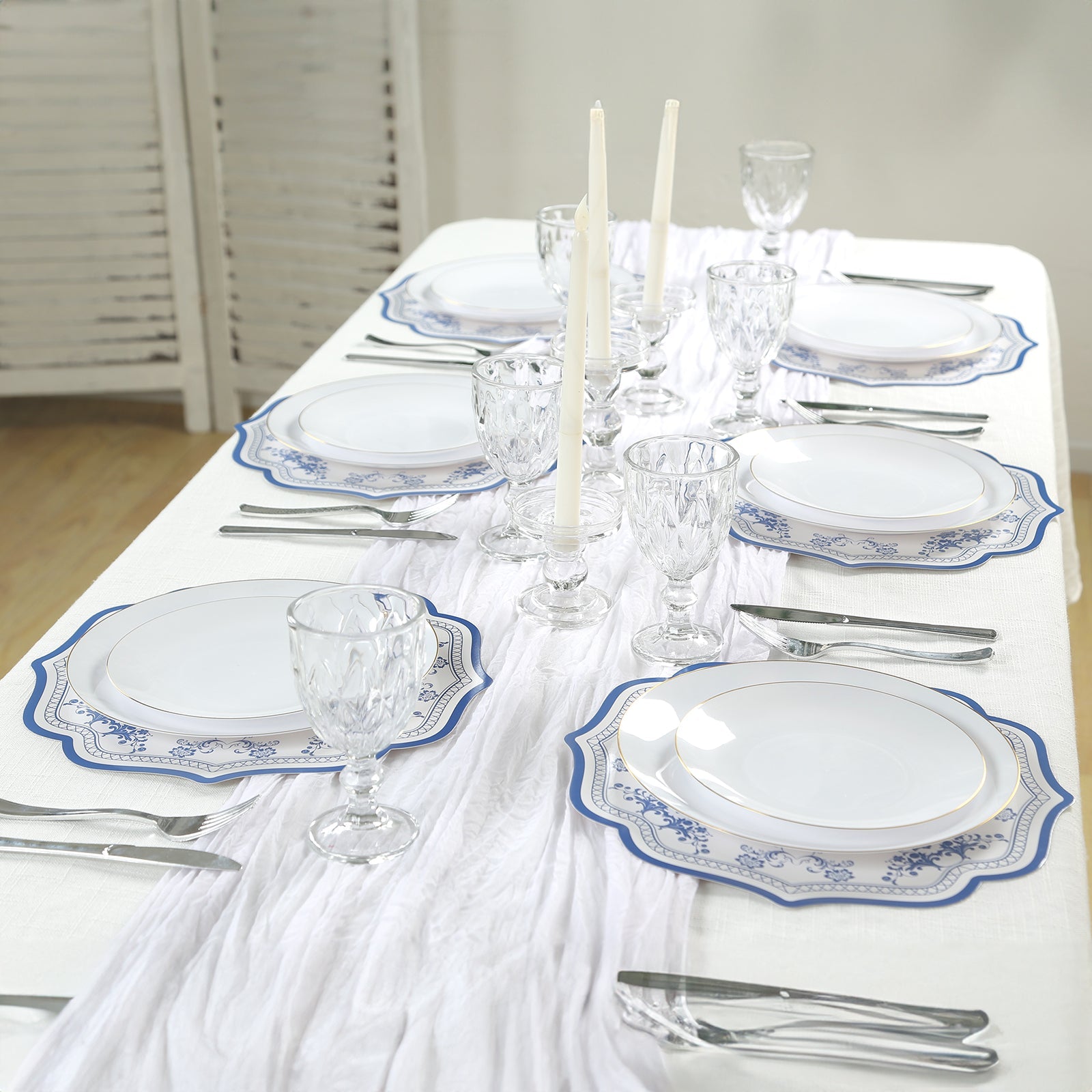 10-Pack Disposable Table Placemats 13 Round Placemats in White with Blue French Toile Pattern & Scalloped Rim - 400GSM Cardboard Placemats for Stylish Table Setting