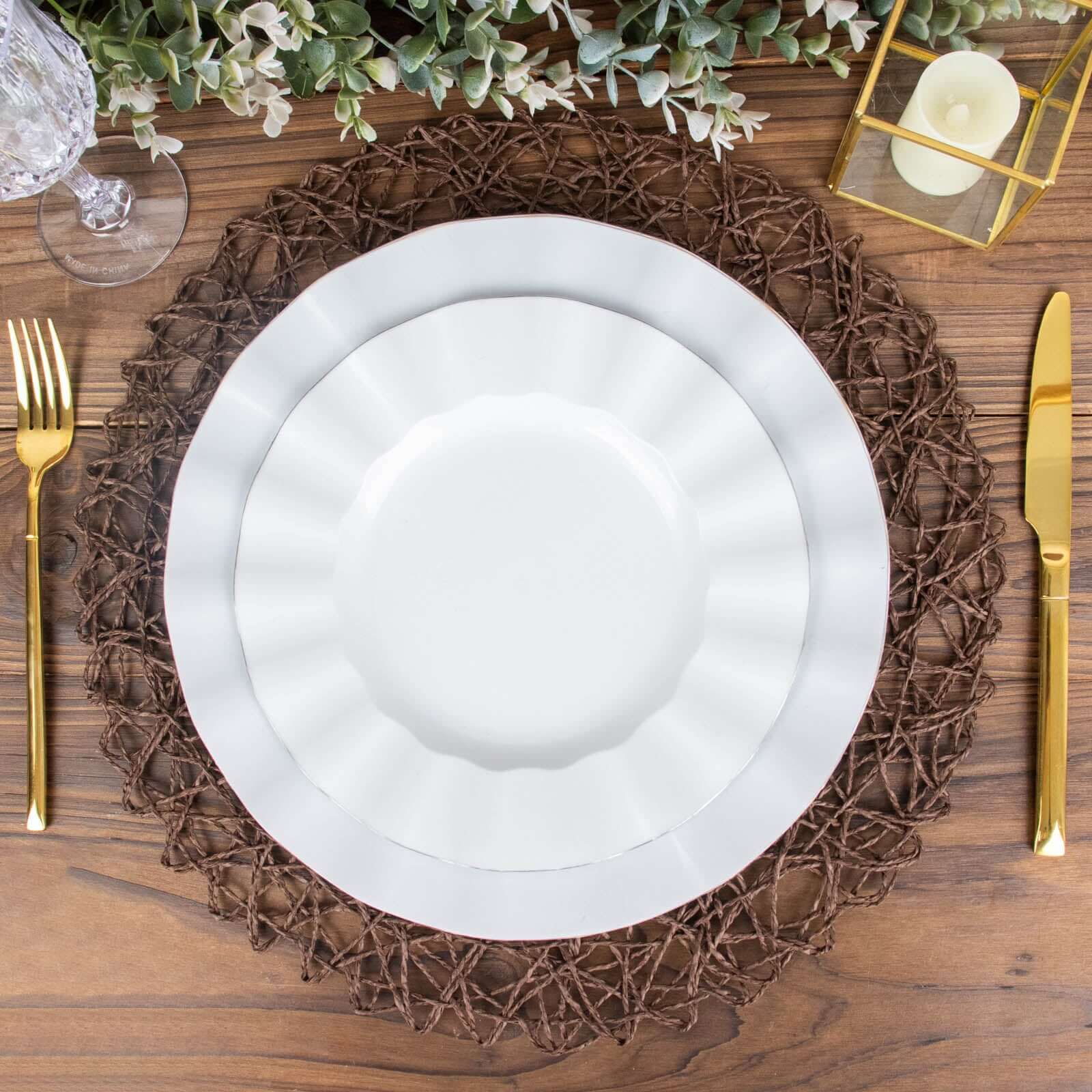 6-Pack Table Placemats Woven Fiber Design Dark Brown Round - Disposable Mats for Dining and Events 15