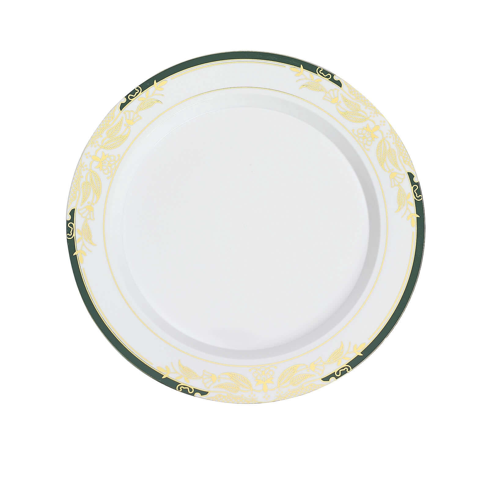 10-Pack Plastic 8 Round Dessert Plates in White with Hunter Emerald Green Rim - Stylish Gold Vine Design Disposable Salad/Appetizer Plates for Special Occasions & Celebrations