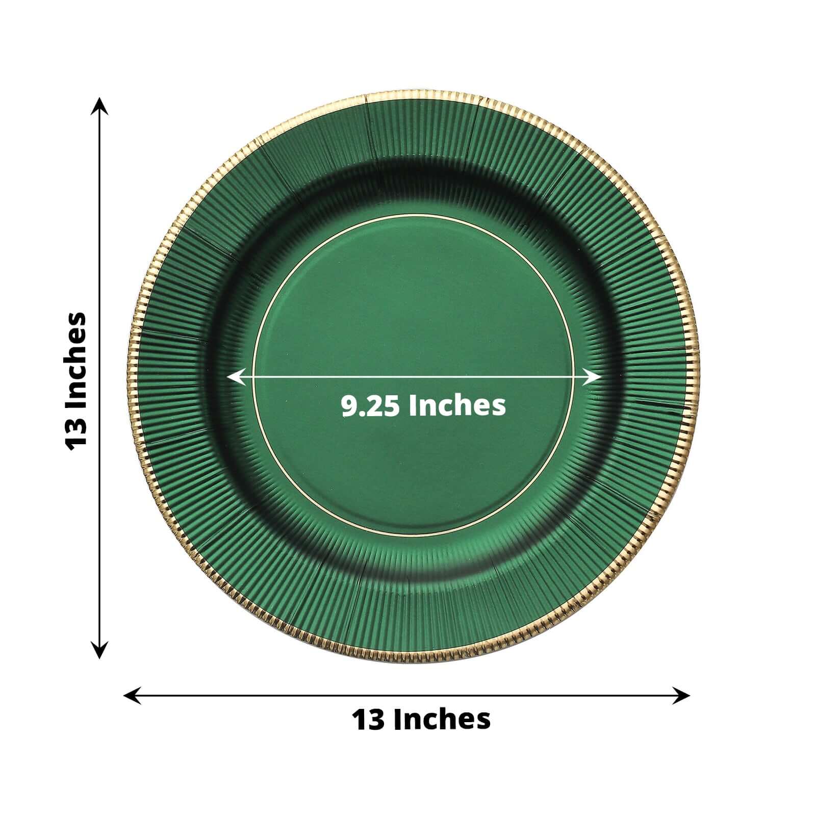 25-Pack Disposable Round Charger Plates in Hunter Emerald Green Sunray Design with Gold Rim - 350GSM Heavy Duty Paper Chargers 13