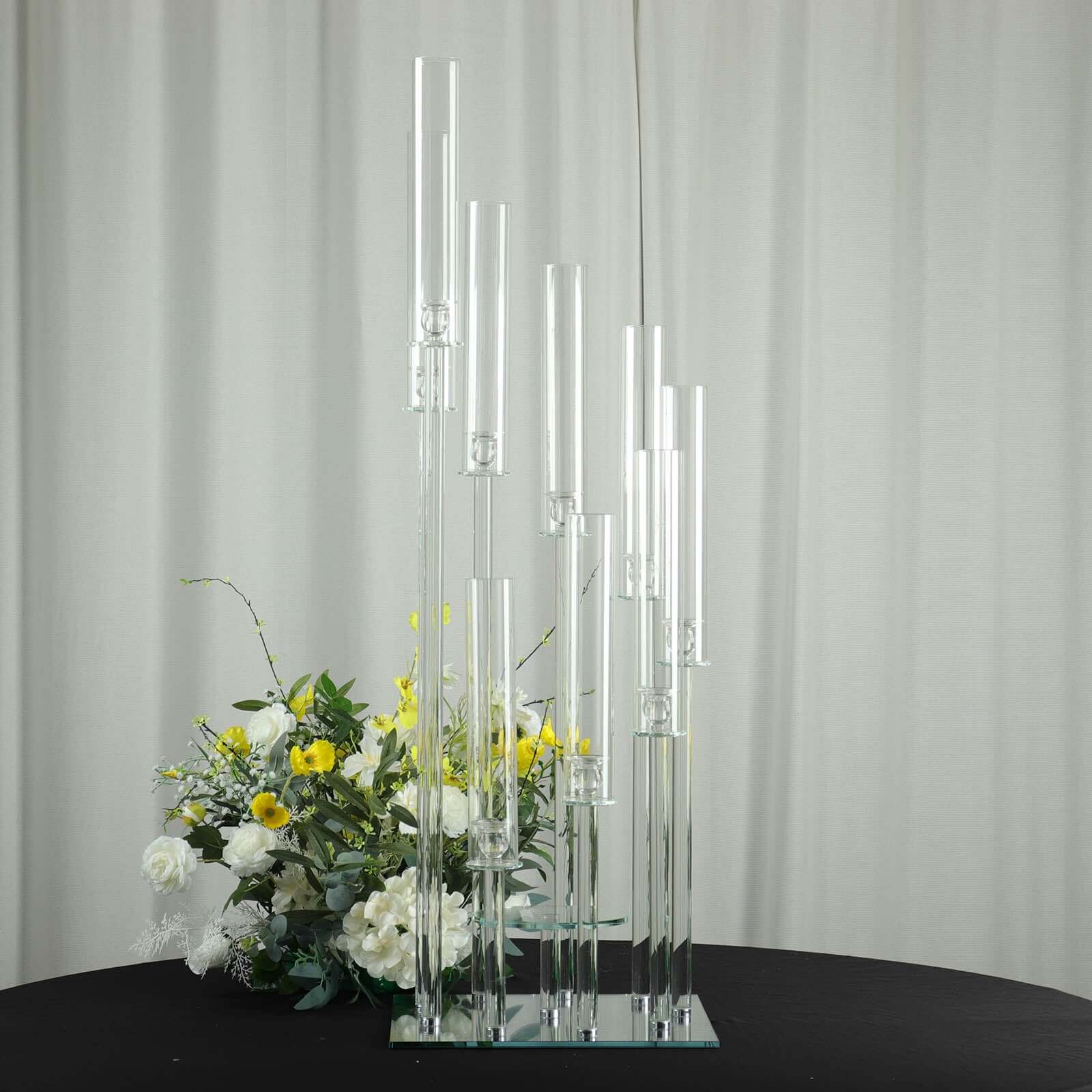 Crystal Glass Cluster Candelabra Pedestal Stand - Square Hurricane Taper Candle Holder Table Centerpiece 4ft