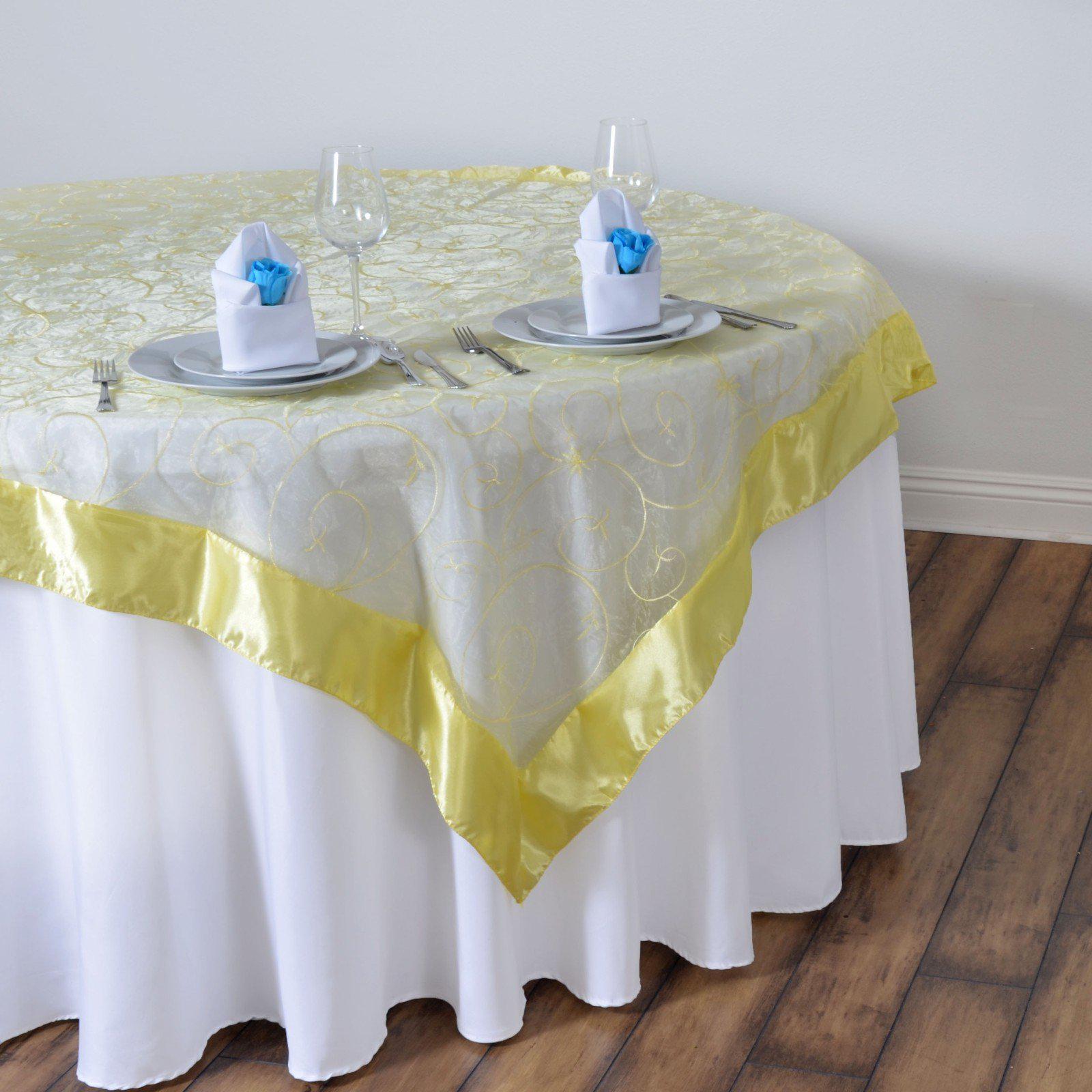 60x60 Yellow Embroidered Sheer Organza Square Table Overlay With Satin Edge