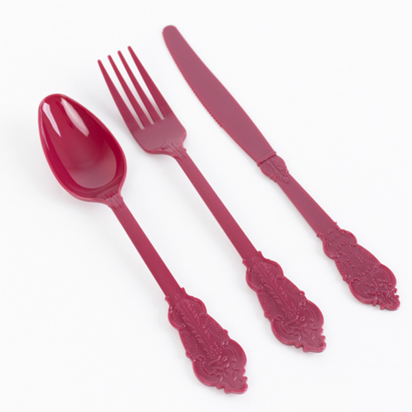 72 Pcs Plastic Silverware Set in Baroque Style Burgundy - Heavy Duty Disposable Knife, Fork, and Spoon Set