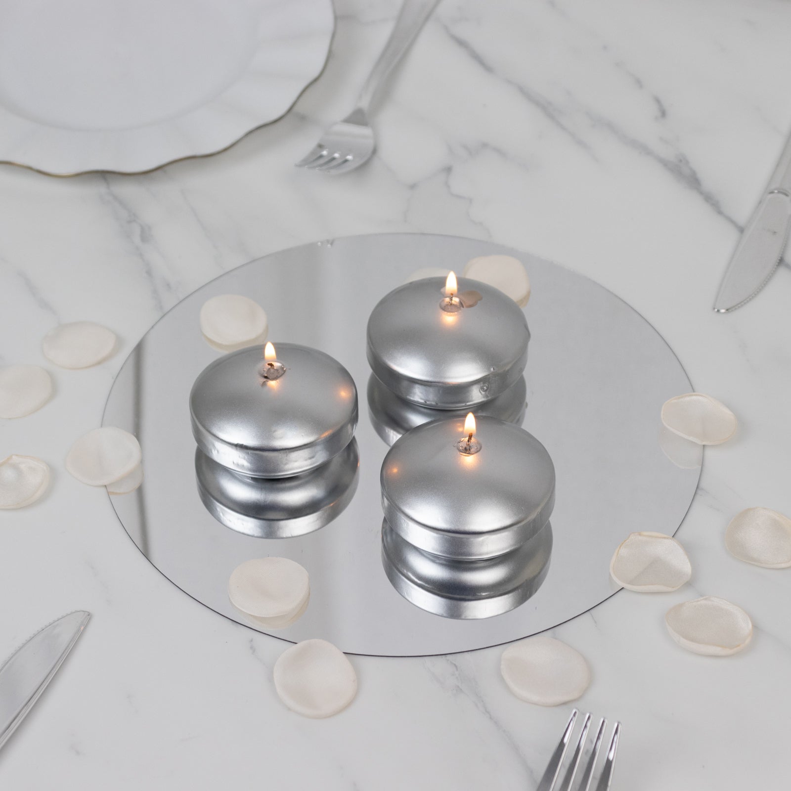 12 Pack 3 Silver Floating Candles, Unscented Dripless Wax Discs for Centerpieces