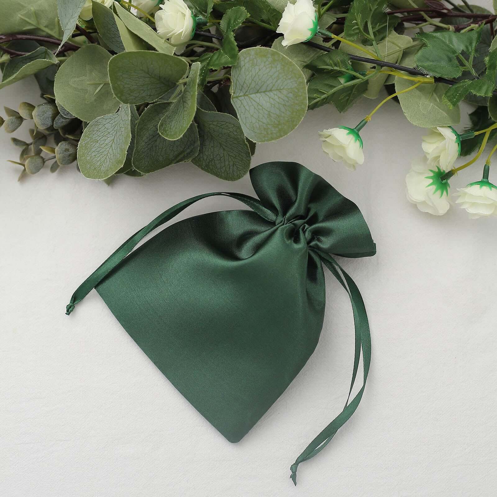 12 Pack 5x7 Hunter Emerald Green Satin Wedding Party Favor Bags, Drawstring Pouch Gift Bags