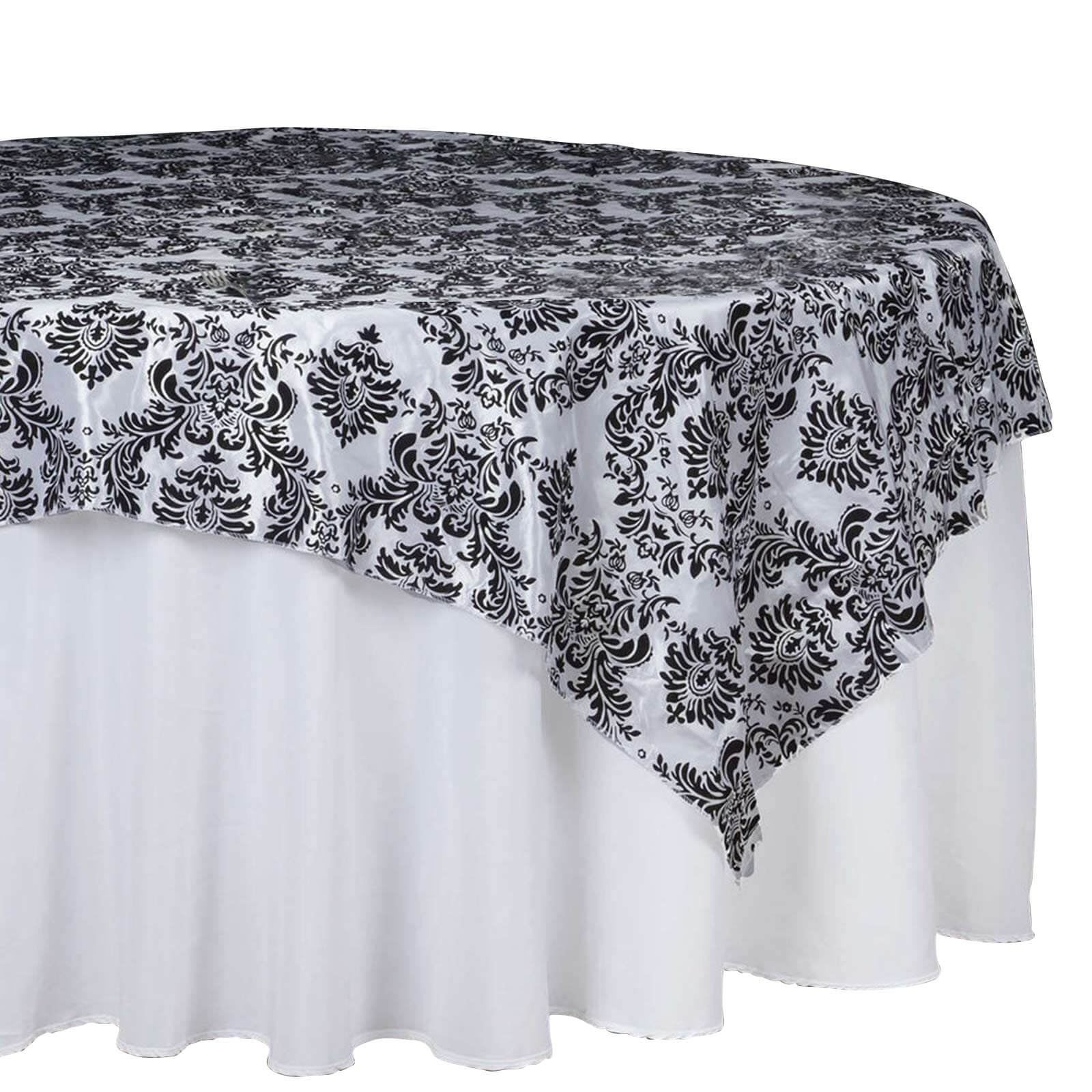 Flocking 90x90 Table Overlay Square Tablecloth Black - Damask Design for Sophisticated Occasions