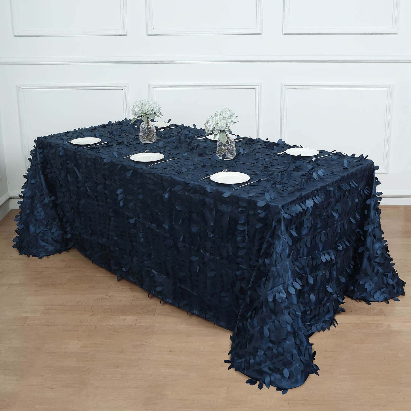 Taffeta 90x156 Rectangle Tablecloth Navy Blue | 3D Leaf Petal Design Seamless Table Cover