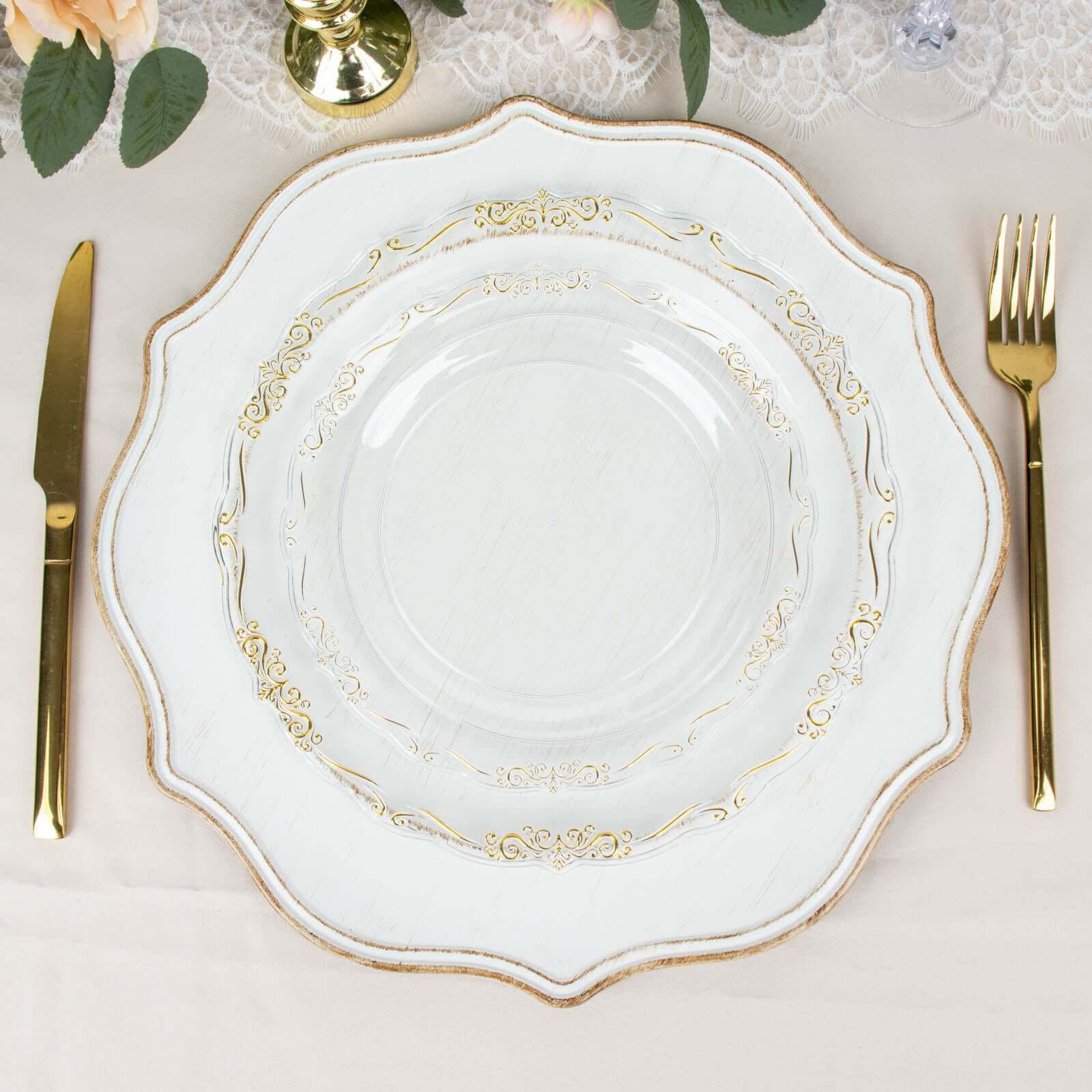 10-Pack Plastic 10 Round Dinner Plates in Clear with Gold Vintage Embossed Rim - Sturdy Disposable Scalloped Edge Party Plates for Sophisticated Events & Celebrations