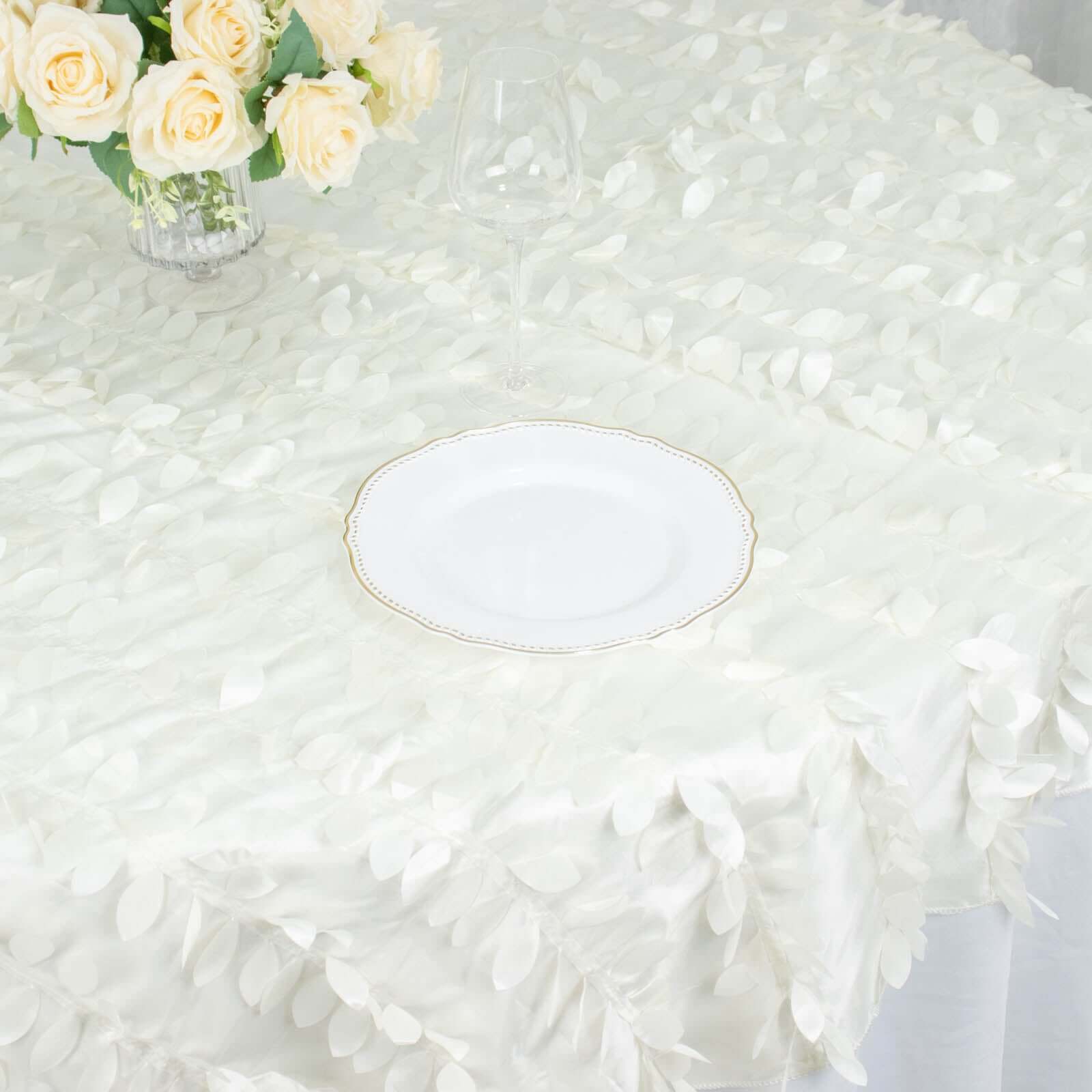 Taffeta 72x72 Table Overlay Square Tablecloth Ivory - 3D Leaf Petal Table Cover