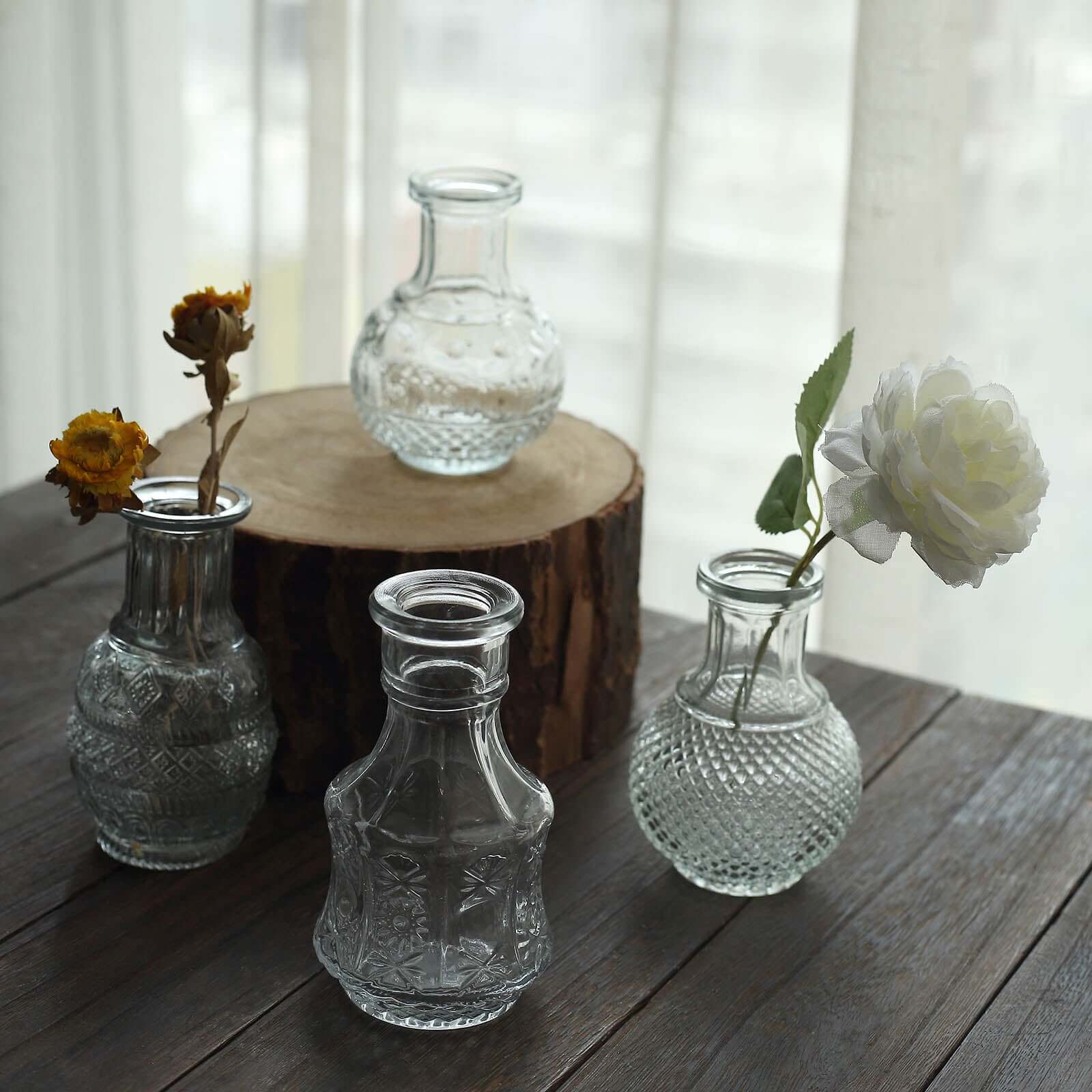 Set of 4 Clear Glass Bud Vases Antique - Vintage Wedding Table Centerpieces for Flowers