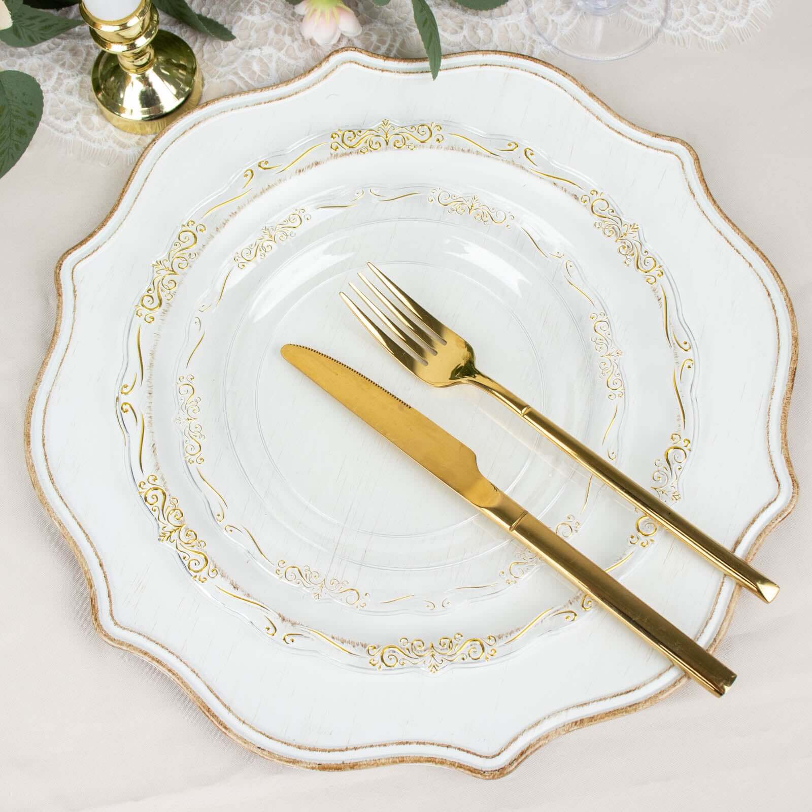 10-Pack Plastic 10 Round Dinner Plates in Clear with Gold Vintage Embossed Rim - Sturdy Disposable Scalloped Edge Party Plates for Sophisticated Events & Celebrations