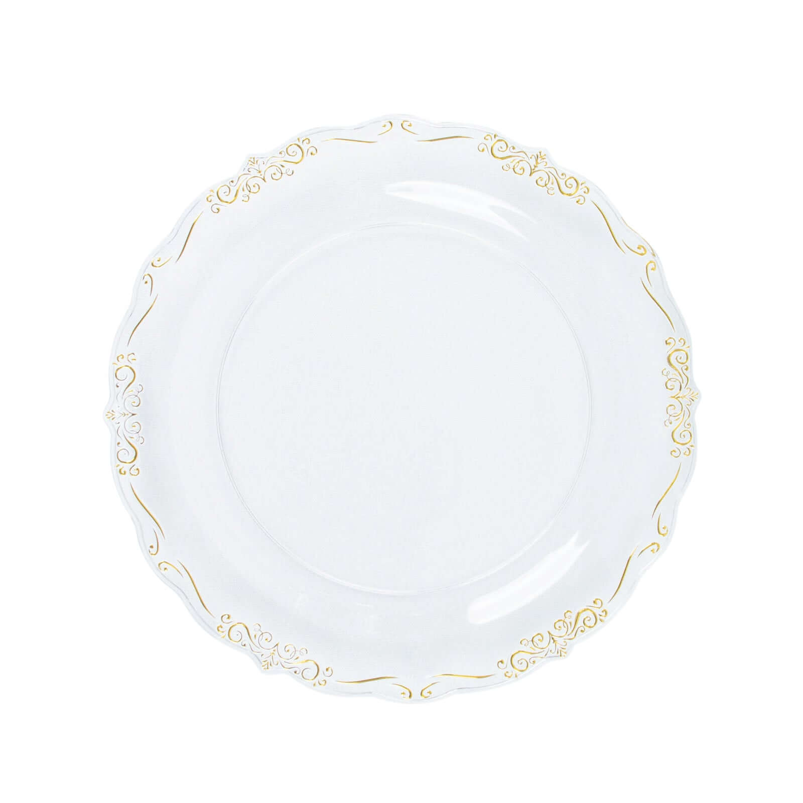 10-Pack Plastic 7 Round Dessert Plates in Clear with Gold Vintage Embossed Rim - Sturdy Disposable Scalloped Edge Salad Plates for Sophisticated Events & Celebrations