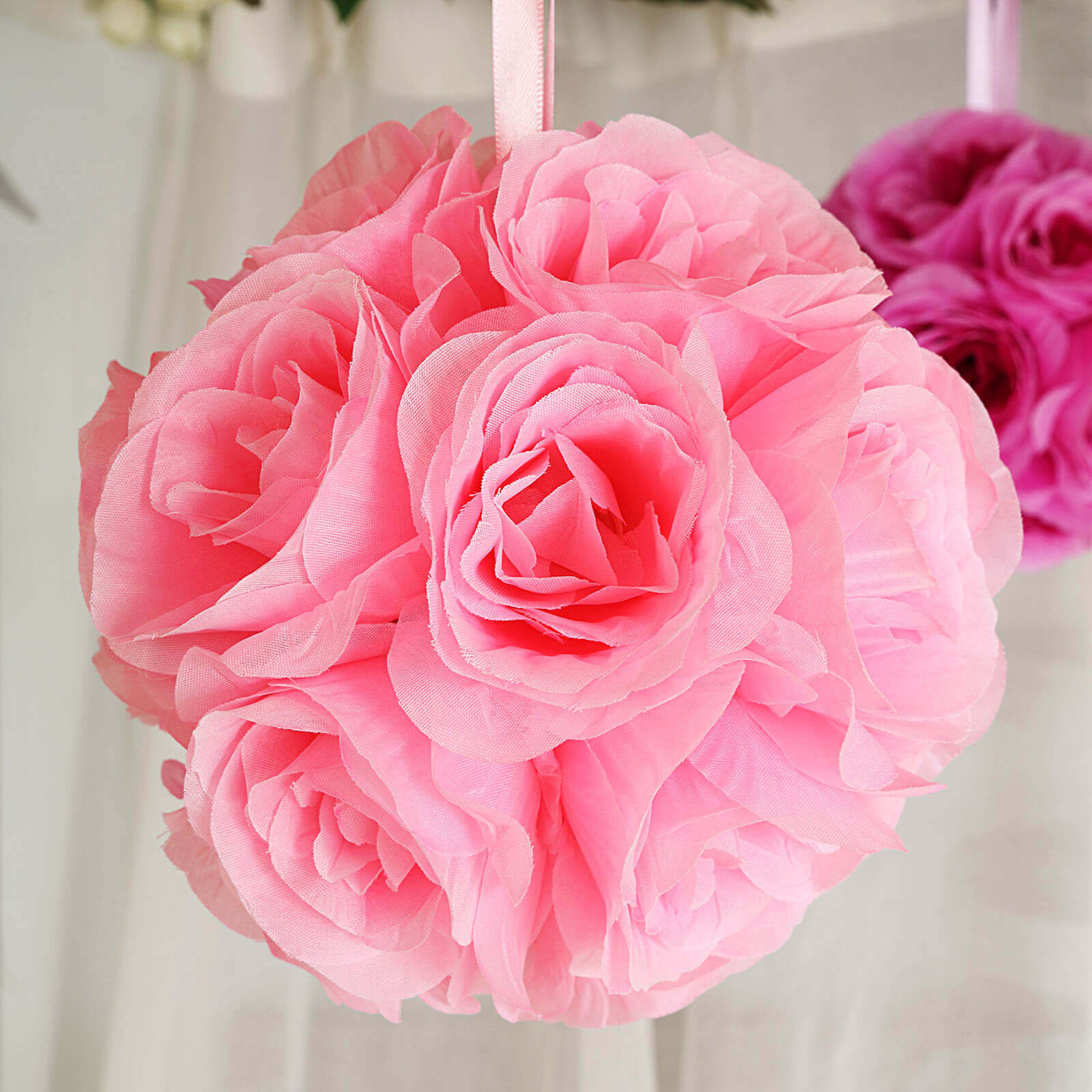 2 Pack 7 Pink Artificial Silk Rose Kissing Ball, Faux Flower Ball