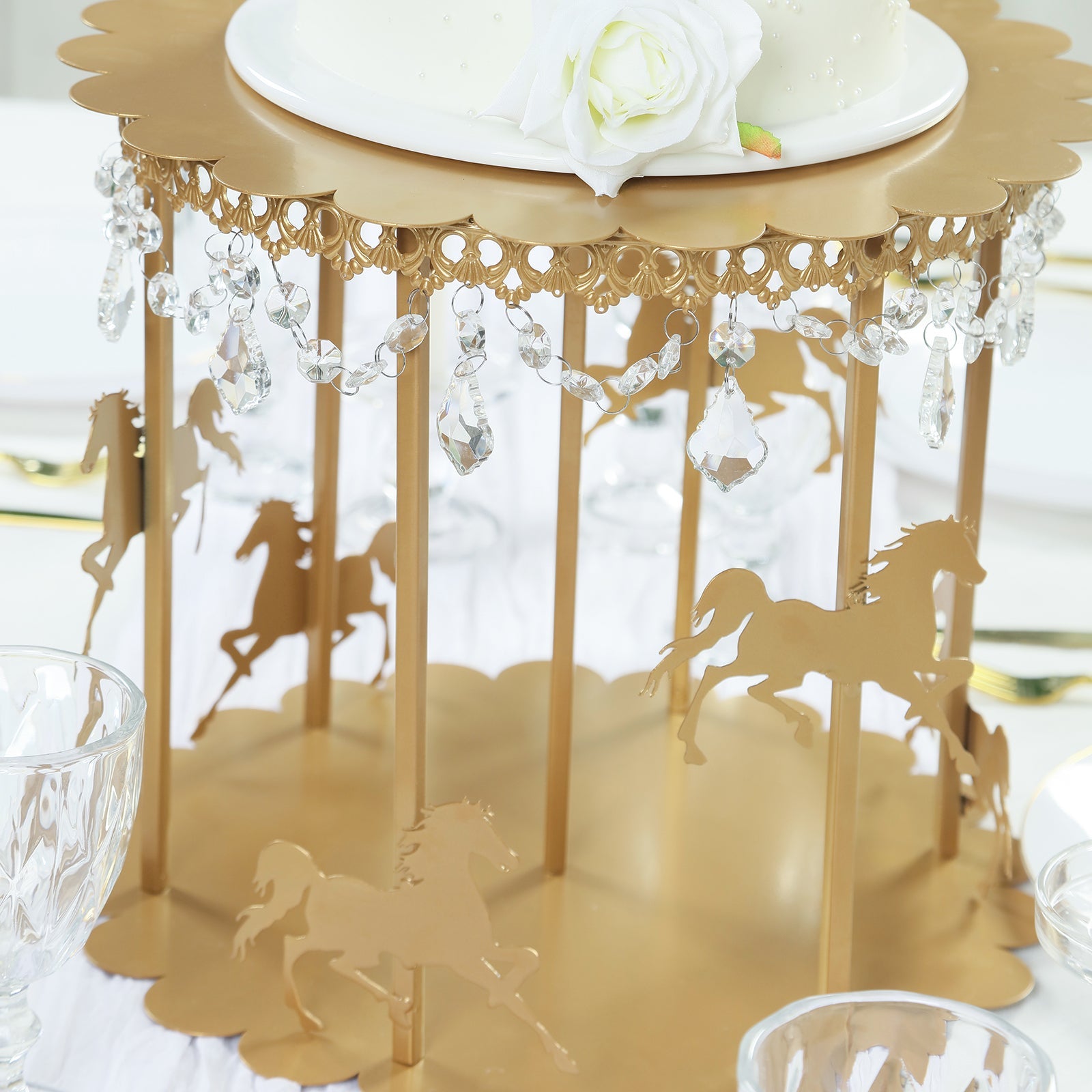 Metal Round Pedestal Cake Stand Gold Carousel Design with Hanging Acrylic Beads - Luxurious Dessert Display Centerpiece Holder for Cupcakes & Pastries 14