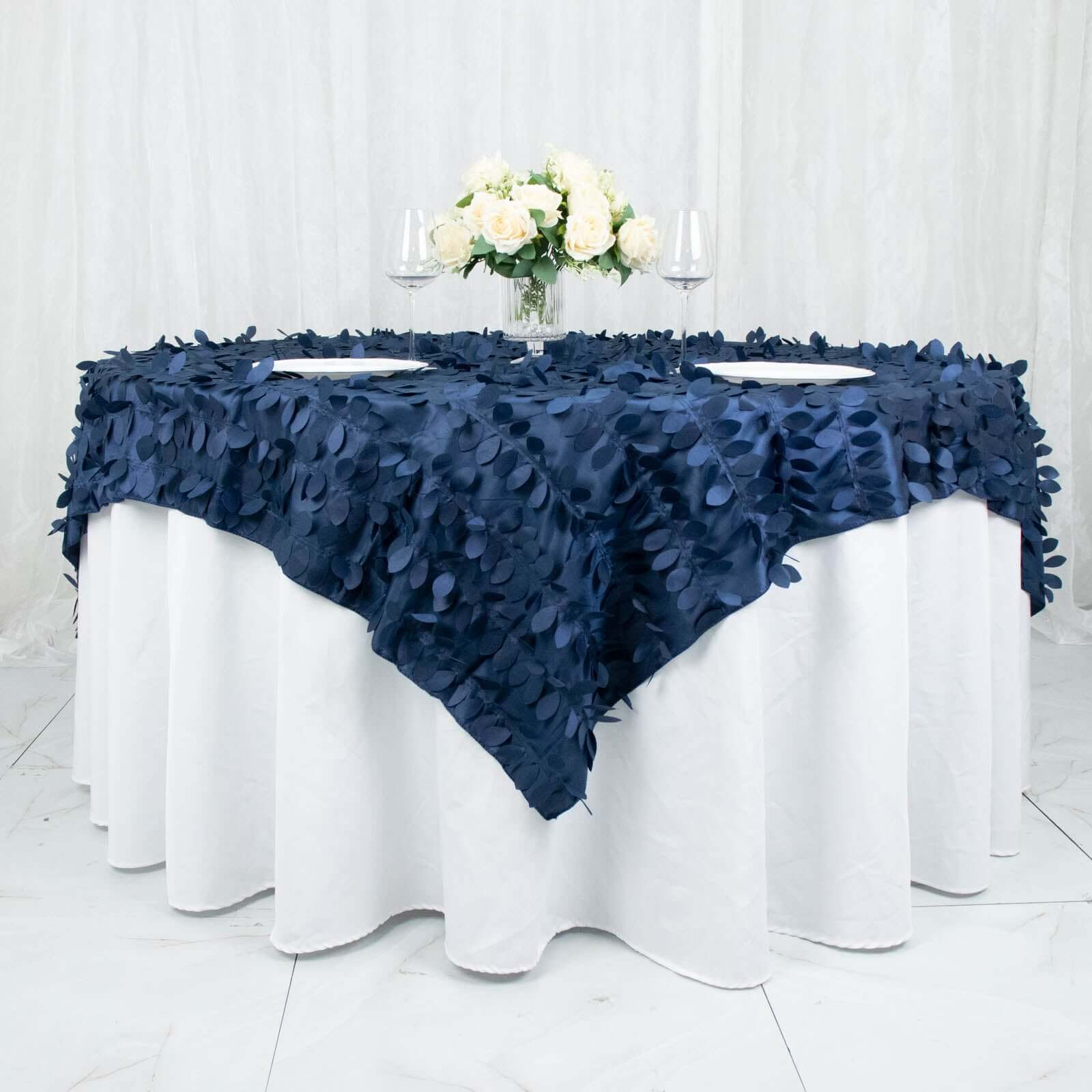 Taffeta 72x72 Table Overlay Square Tablecloth Navy Blue - 3D Leaf Petal Table Cover