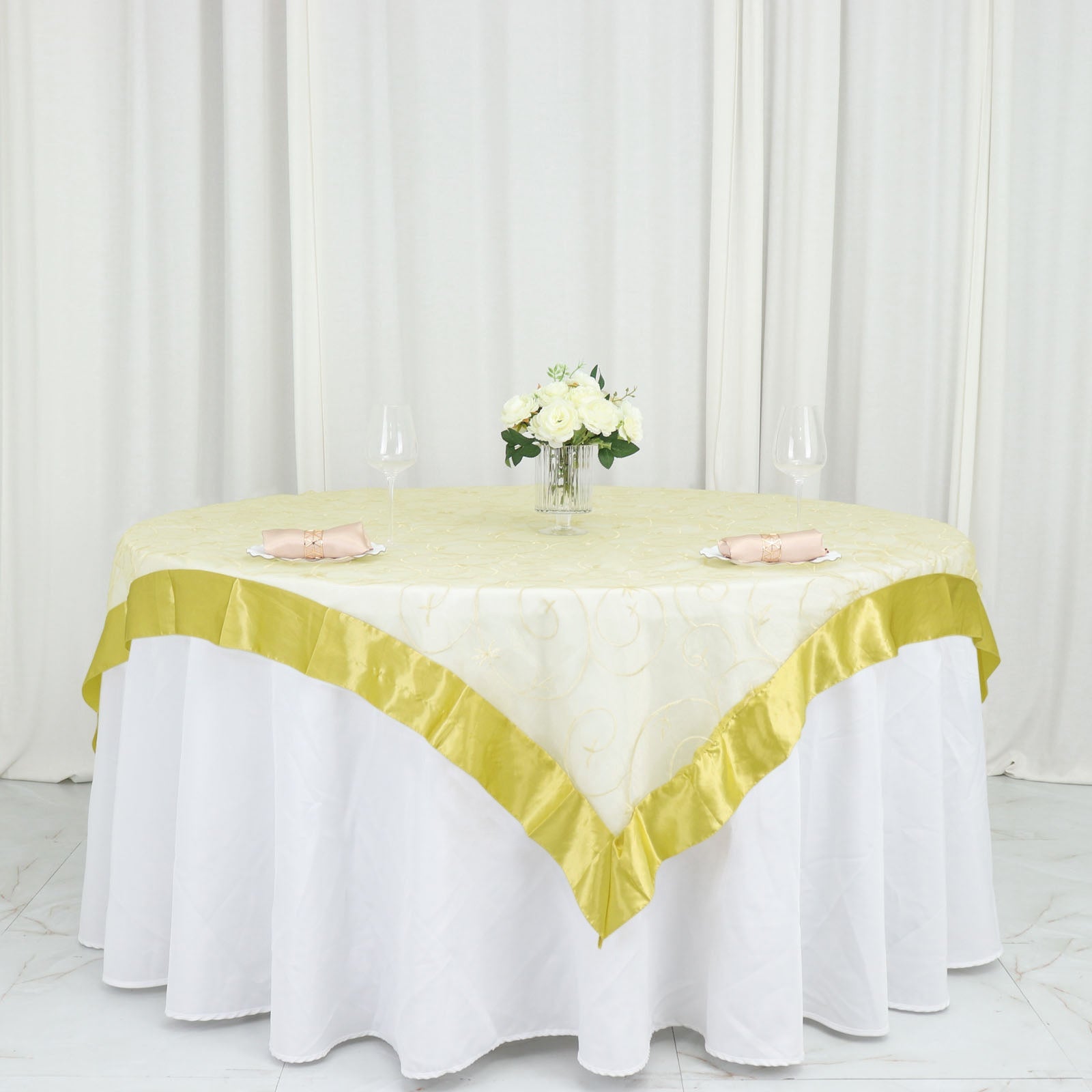 60x60 Yellow Embroidered Sheer Organza Square Table Overlay With Satin Edge