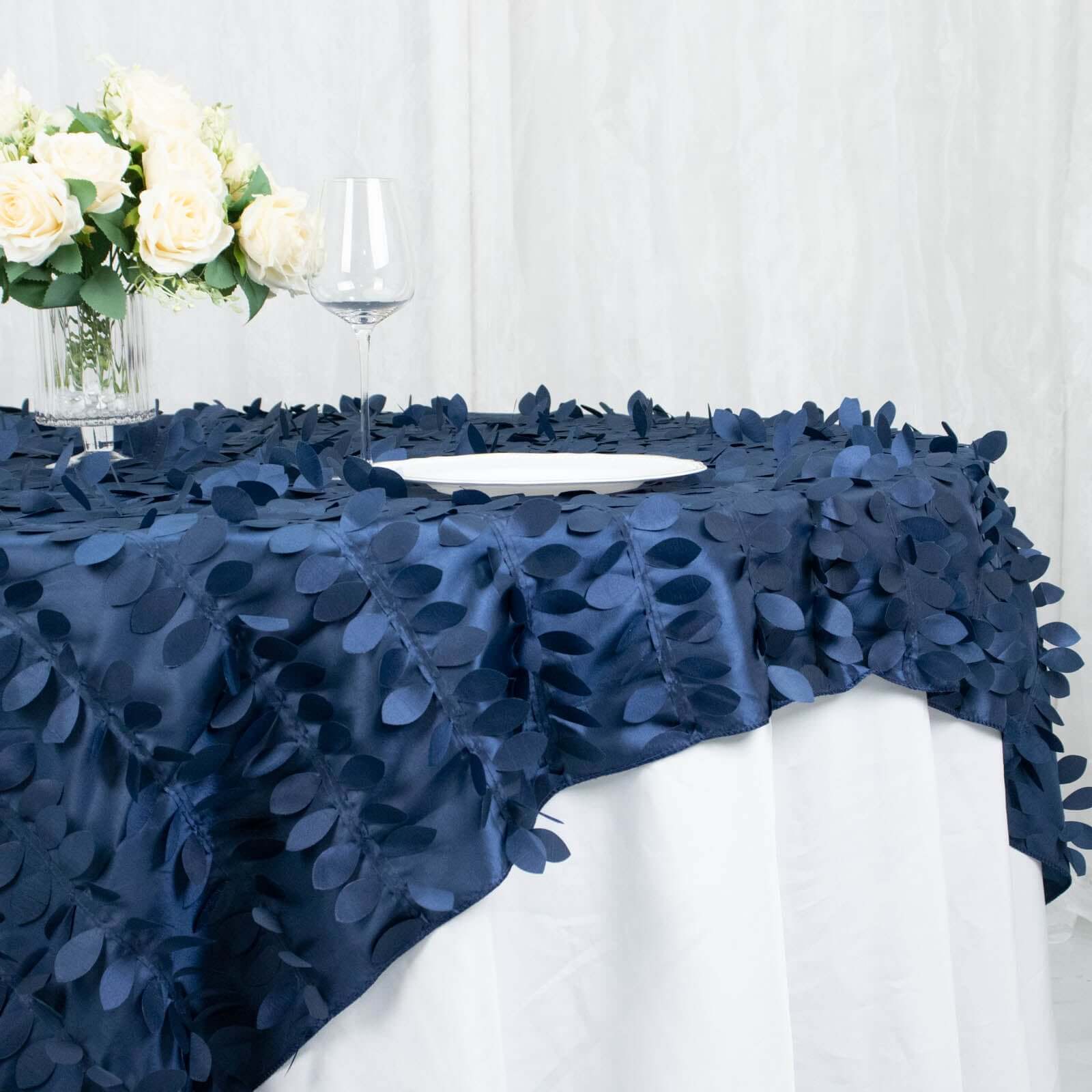 Taffeta 72x72 Table Overlay Square Tablecloth Navy Blue - 3D Leaf Petal Table Cover