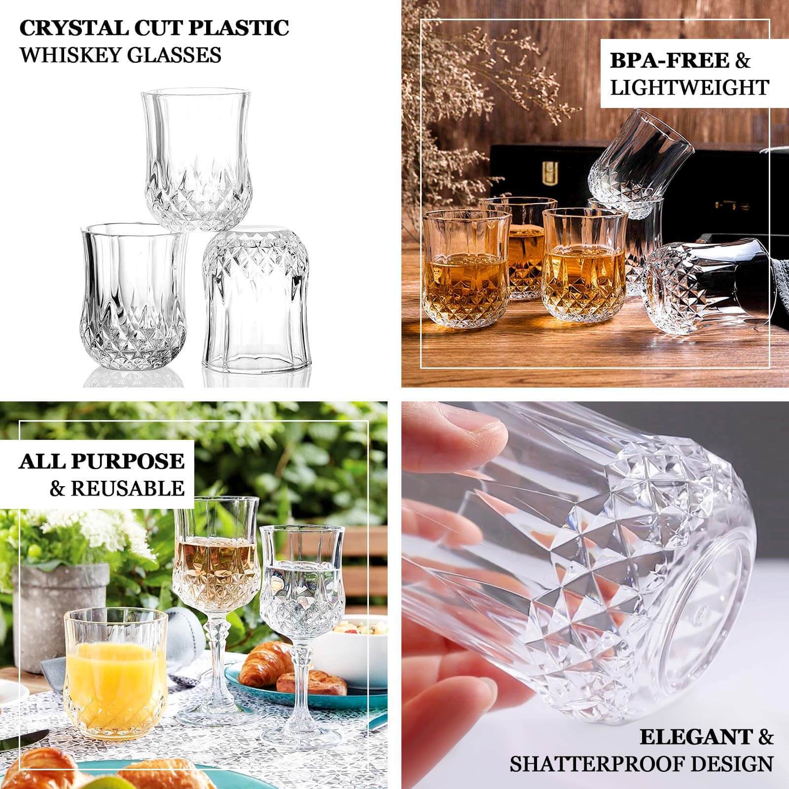 6-Pack Plastic Whiskey Cups Clear Crystal Cut Style - Reusable Stemless Wine Glasses 8oz