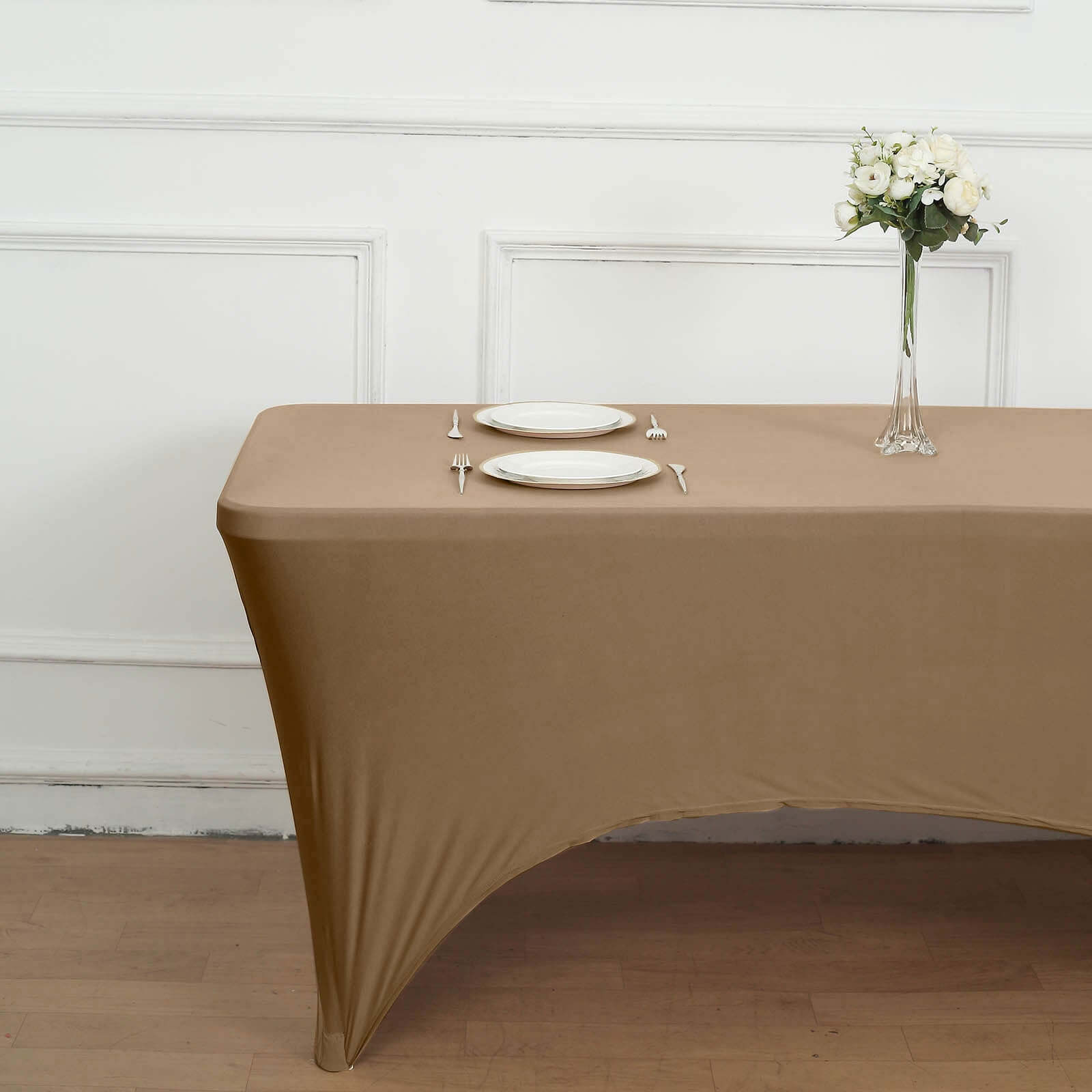 Stretch Spandex 96x30 Rectangle Table Cover Taupe - Durable Form-Fitting Tablecloth