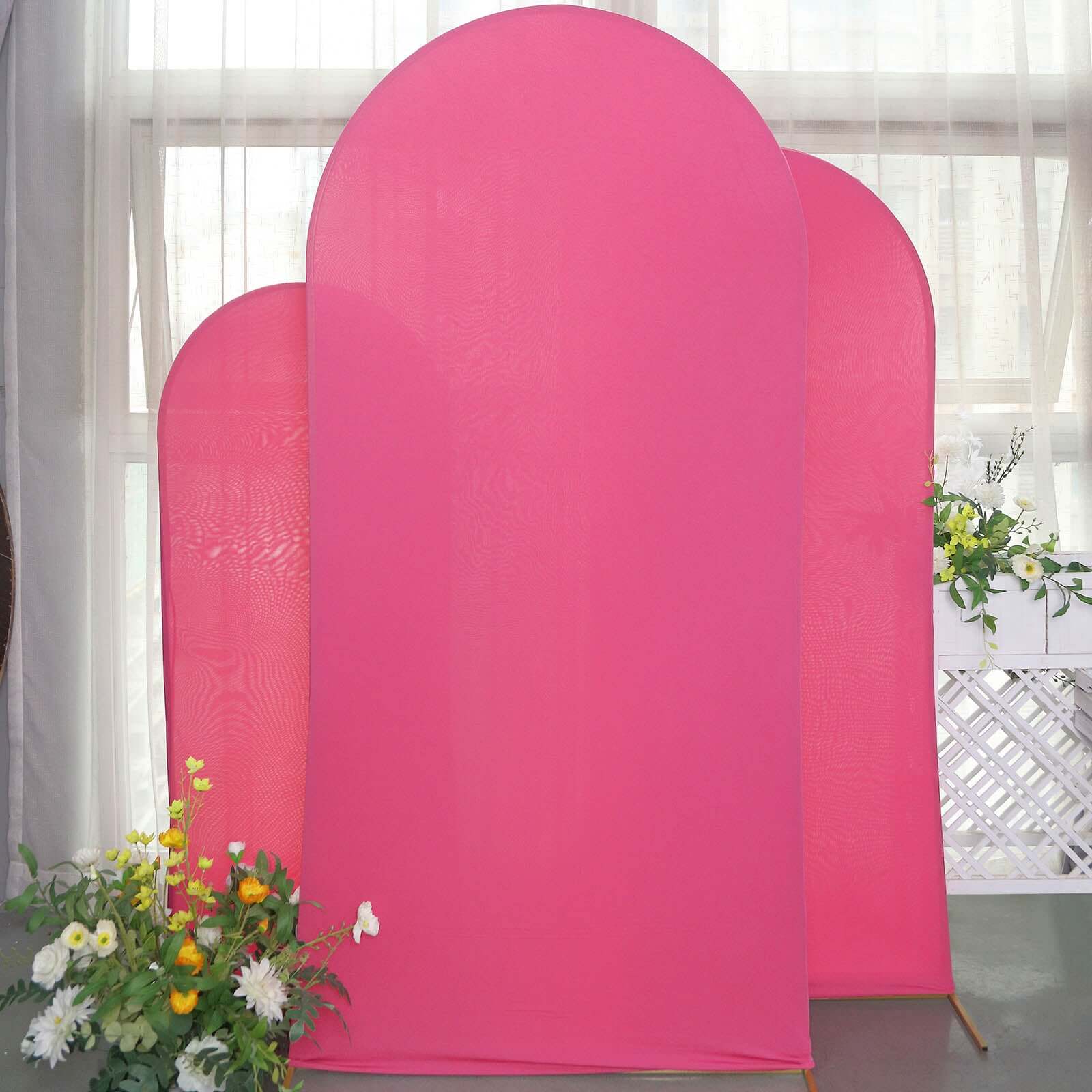 Set of 3 Matte Fuchsia Spandex Fitted Chiara Backdrop Stand Cover For Round Top Wedding Arch - 5ft, 6ft, 7ft