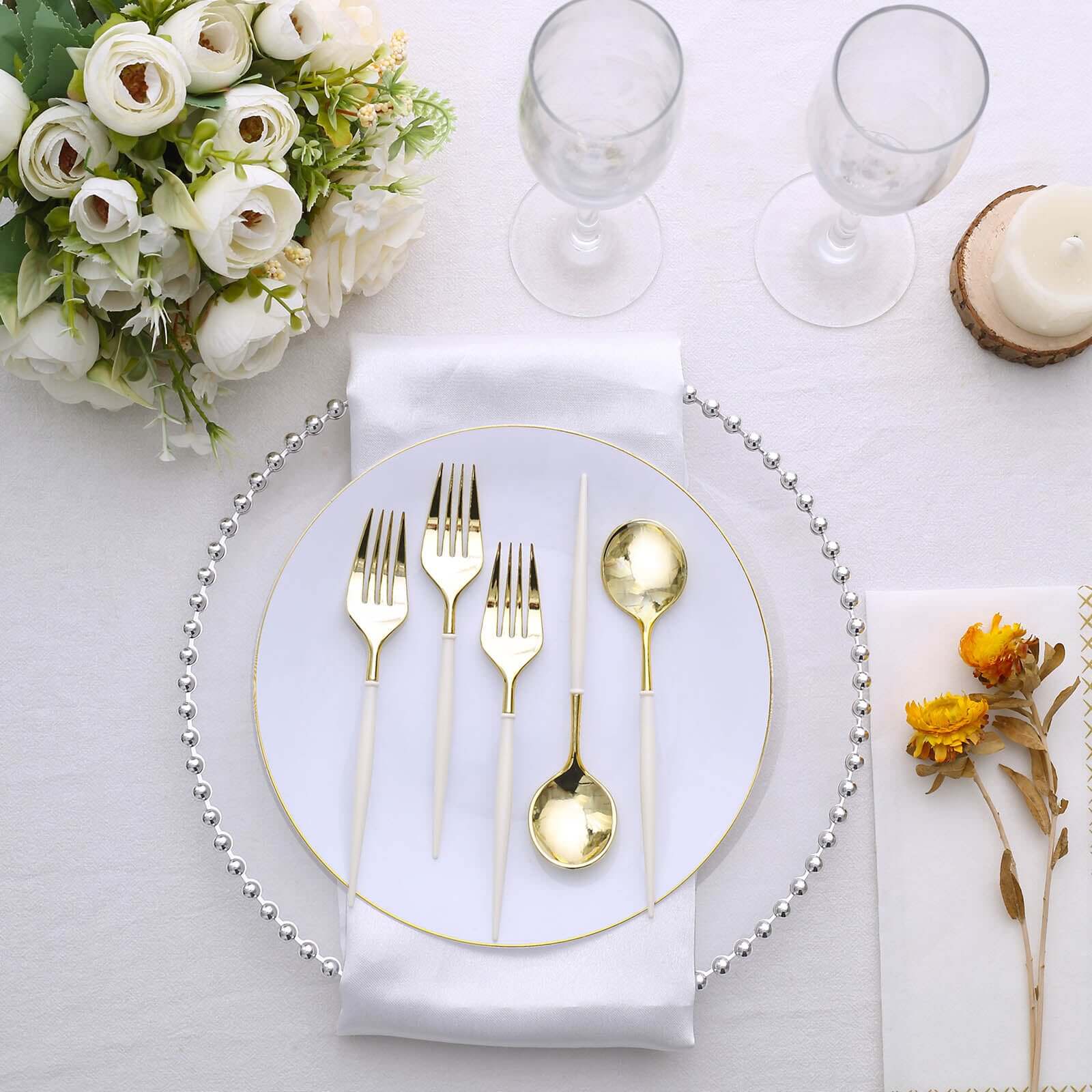 24-Pack Plastic Fork and Spoon Set Gold/Ivory - Heavy Duty Disposable Modern Utensils 6