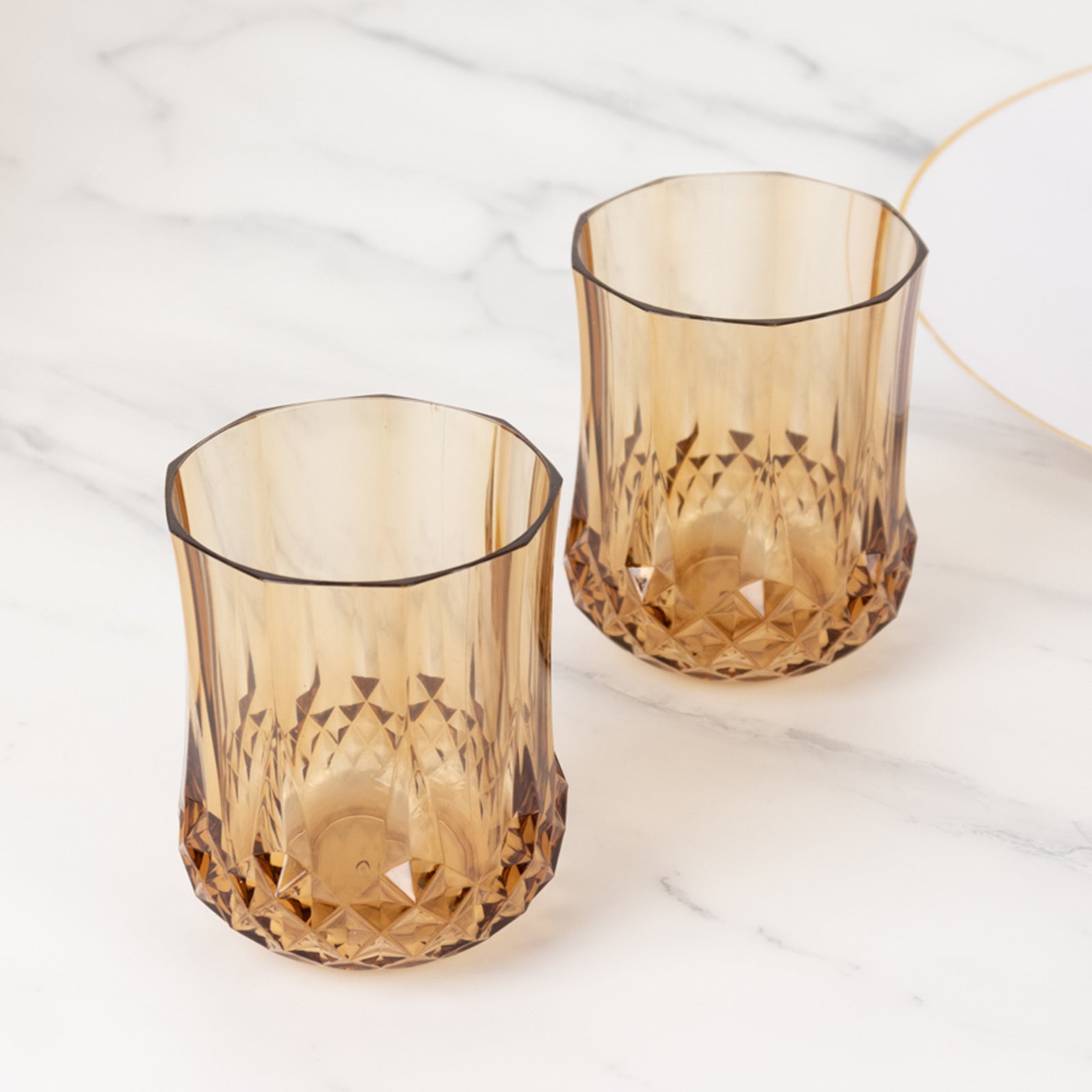 6-Pack Plastic Whiskey Cups Amber Gold Crystal Cut Style - Reusable Stemless Wine Glasses 8oz